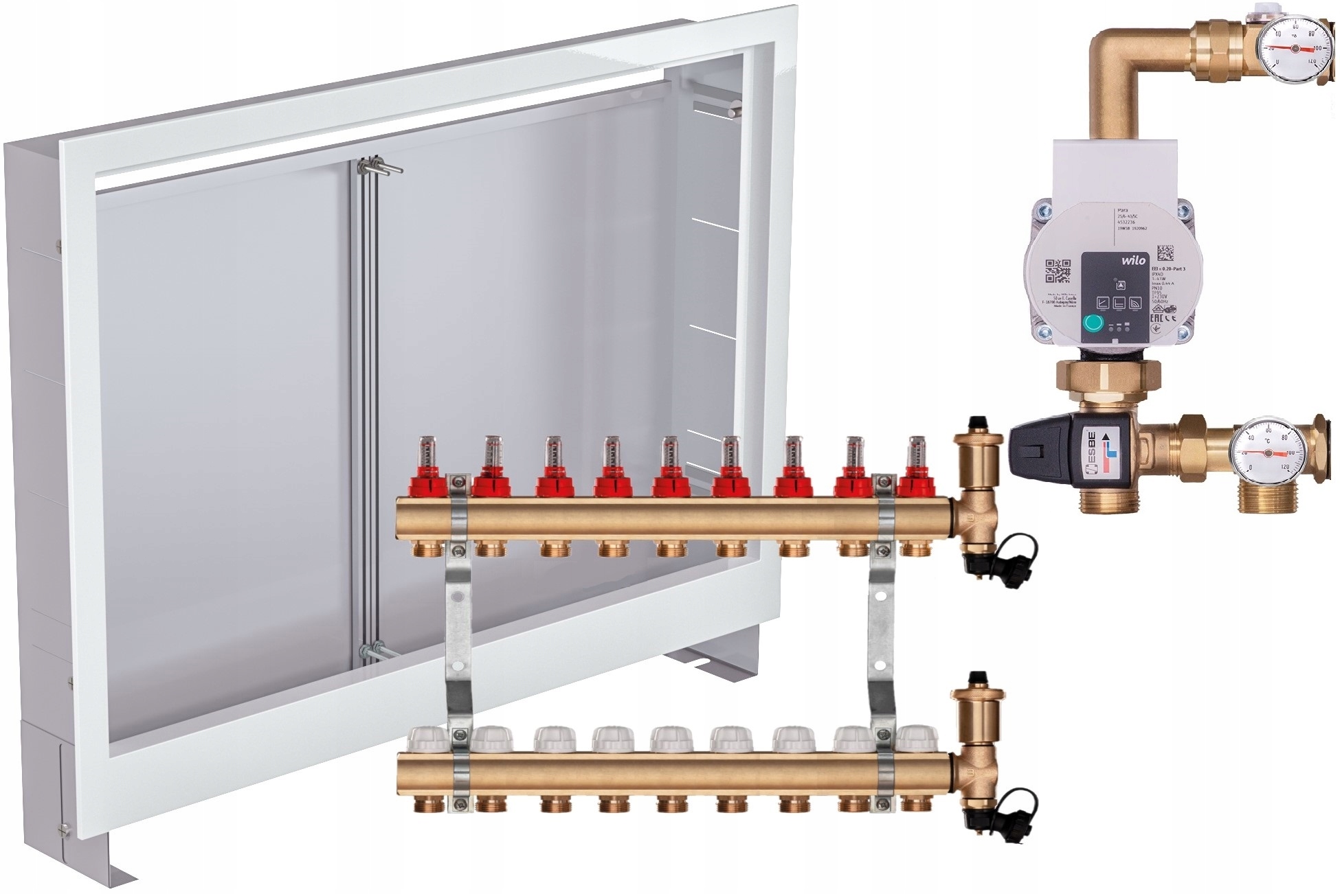 Mosazný rozdělovač pro podlahu 9 s Pumpou Wilo Podomítková Skříňka
