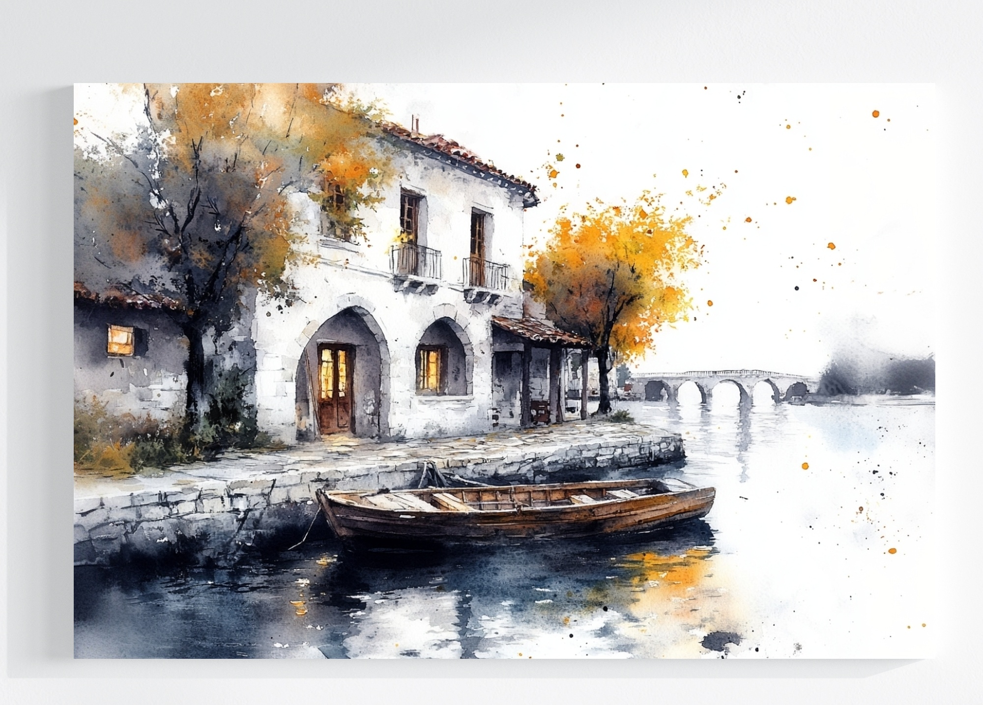 Obraz Na Plátně Canvas Krajina Jižní Voda Dům Vila Loďka Podzim 120x80