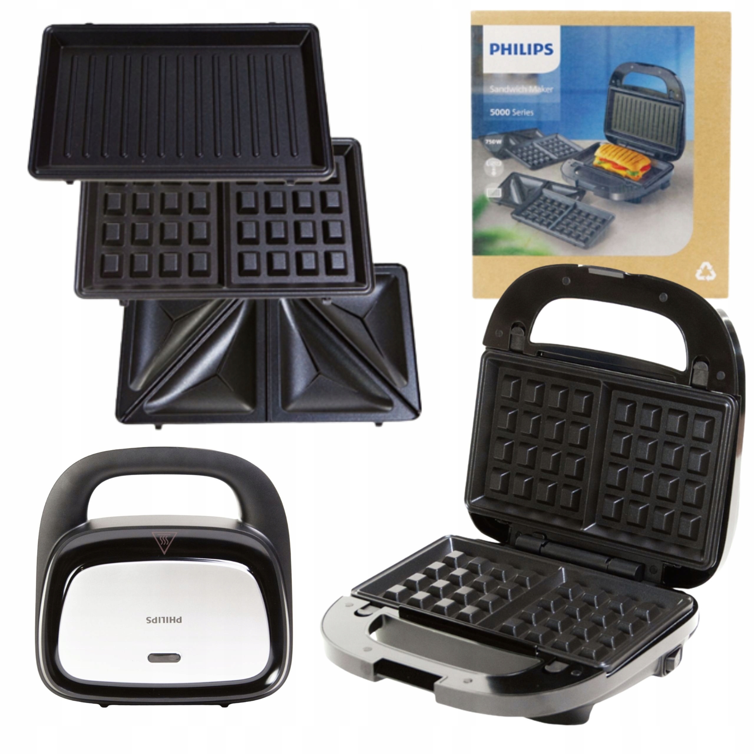 Opiekacz Philips 3w1 Wymienne Płytki W Zestawie Gofry Panini Kanapki 750 W