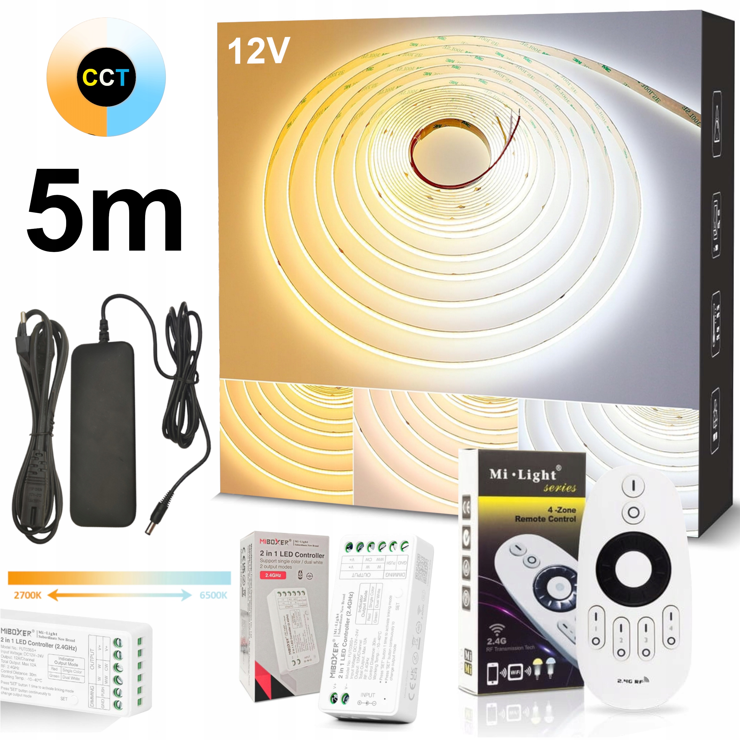 Led pásik 5 m Cob Cct 12V 2700K-6500K Variabilný Ovládač A Napájací Zdroj