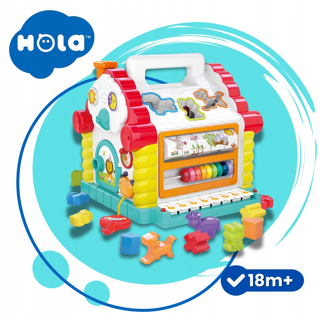 Interaktyvus edukacinis kubinis pianinas su keliais nameliais, skirtas vaikams nuo 18 mėnesių. Namelių rūšiavimo žaidimas.