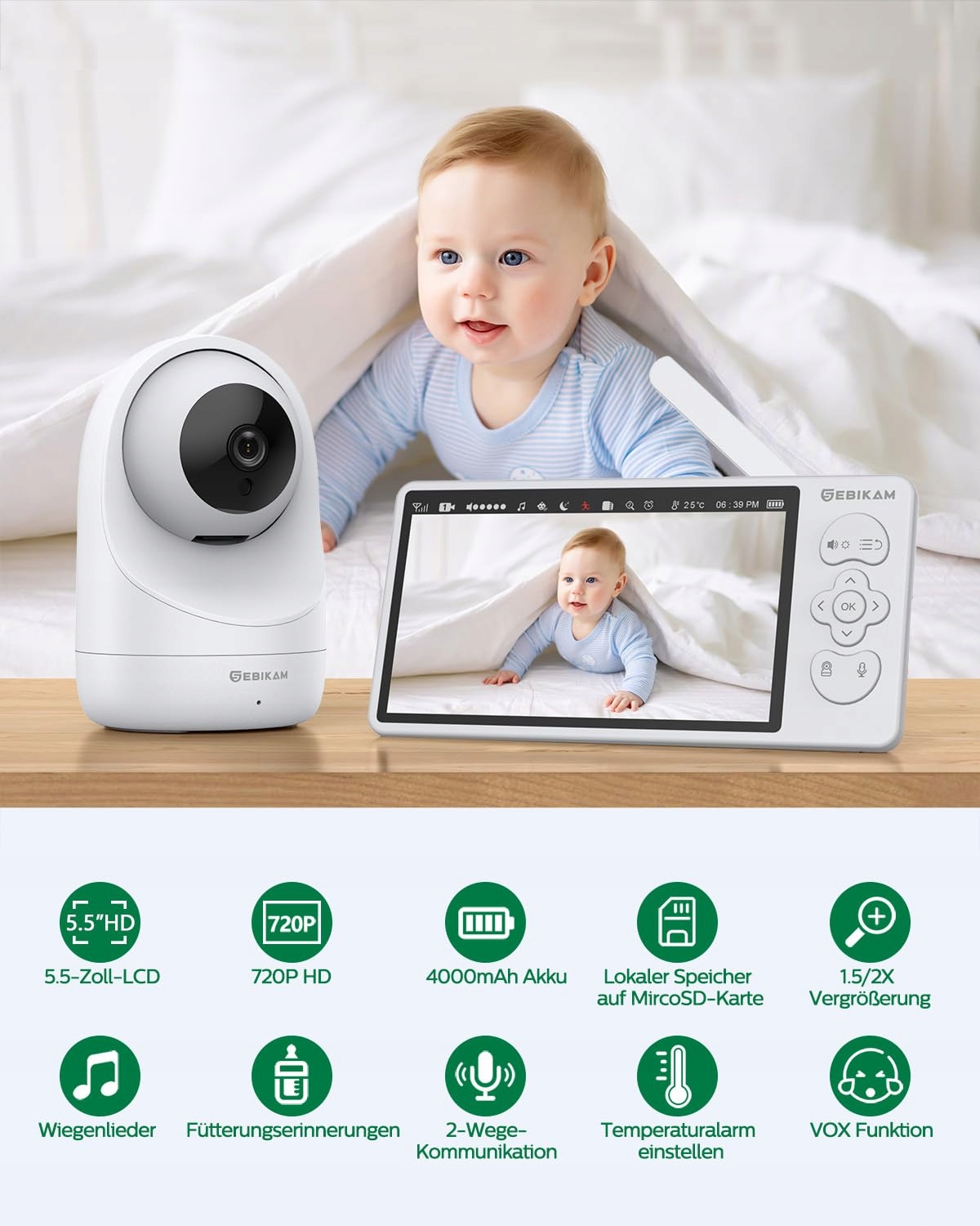 SEBIKAM Baby Monitor Kamera 720P HD Ekran 4000mAh VOX Tryb Nocny Audio — miniatura 2
