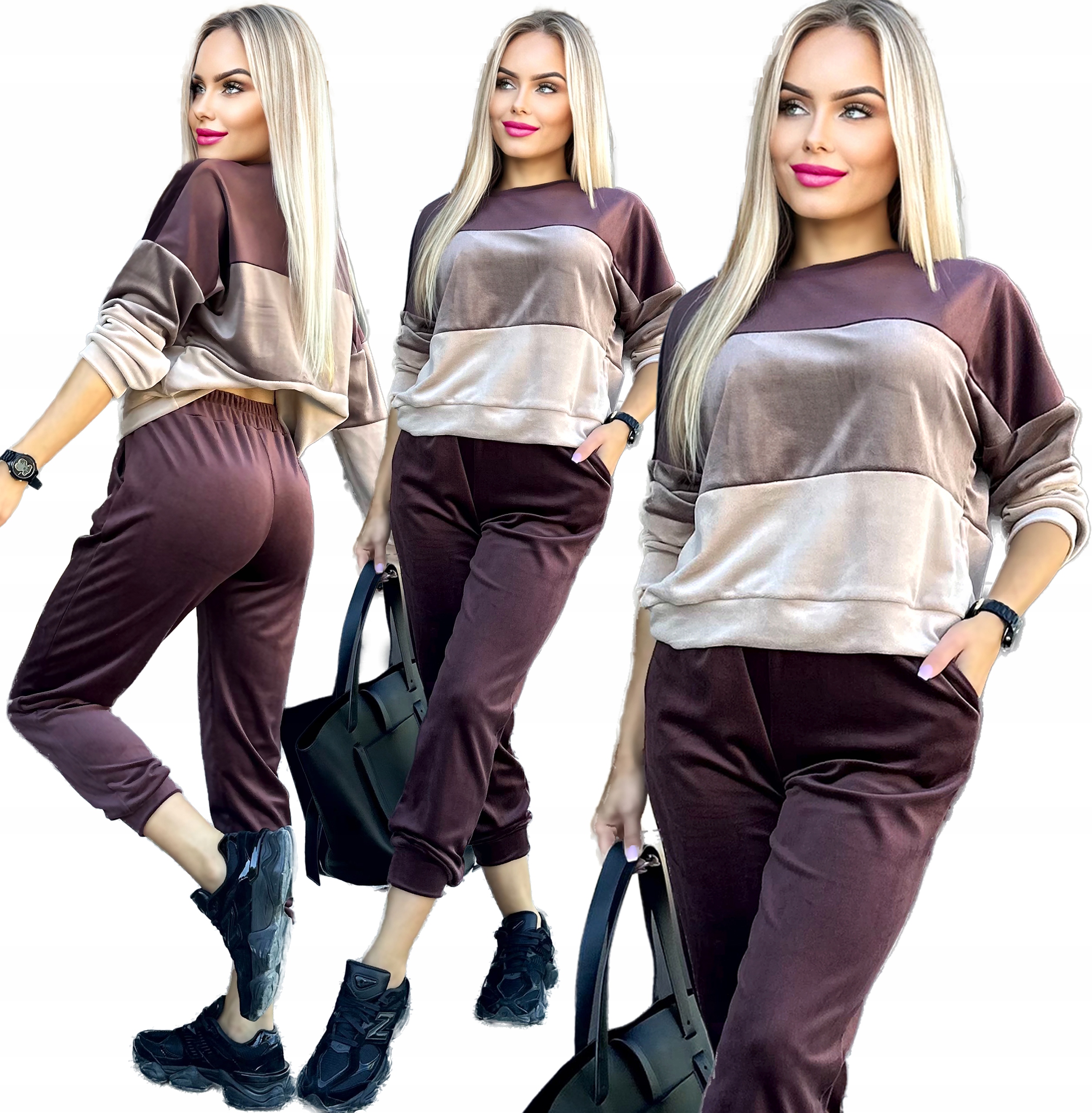 Čokoládový velurový Komplet dámské Teplákovka kalhoty mikina s pruhy 44/46 Olivia