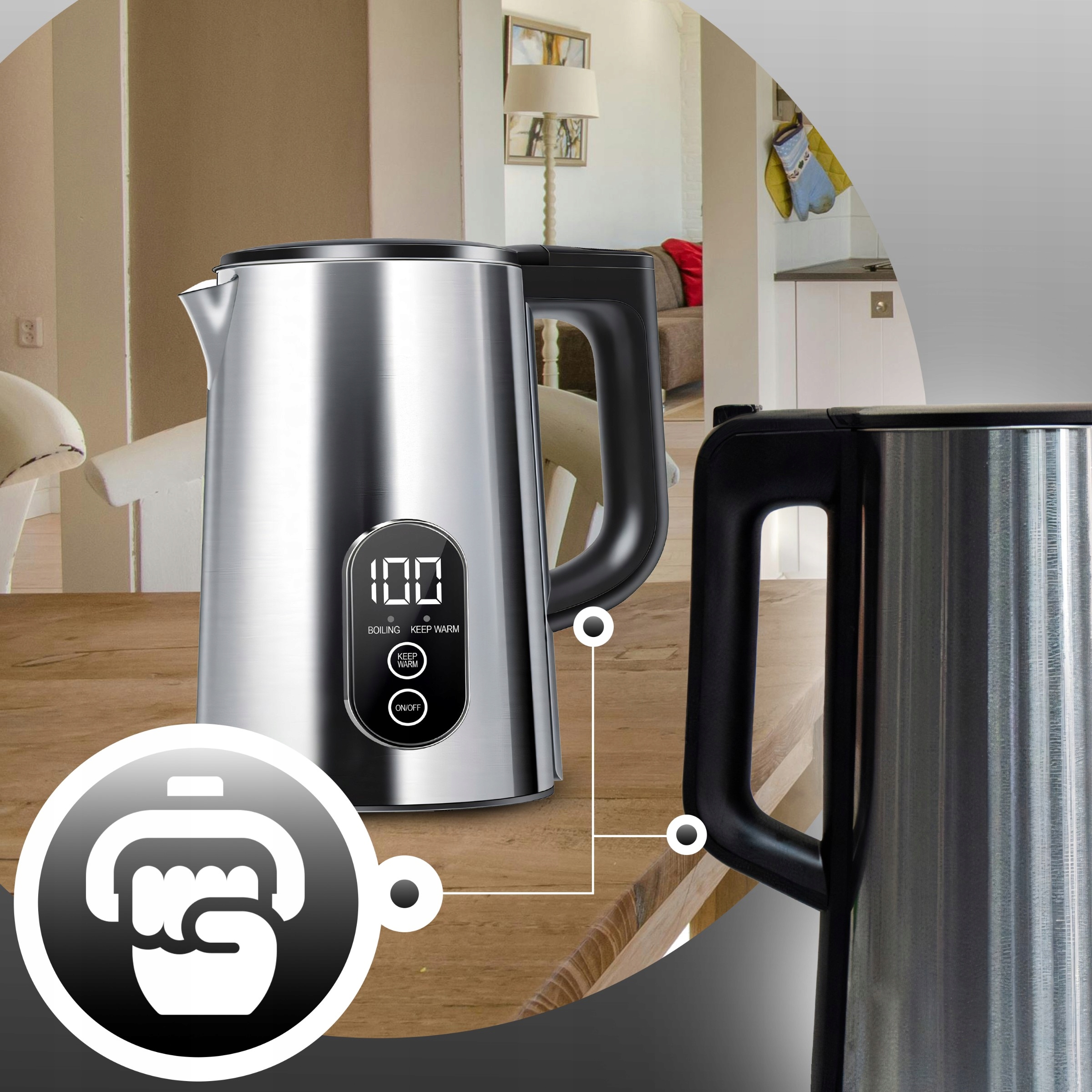 BEZDRÔTOVÁ DOTYKOVÁ RÝCHLOVARNÁ KANVICA 1800 W, REGULÁCIA TEPLOTY 1,8 L Dominantná farba strieborná/sivá