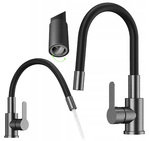 Kuchynská batéria Grado Plus s flexibilným výtokom gun grey, otočný perlátor