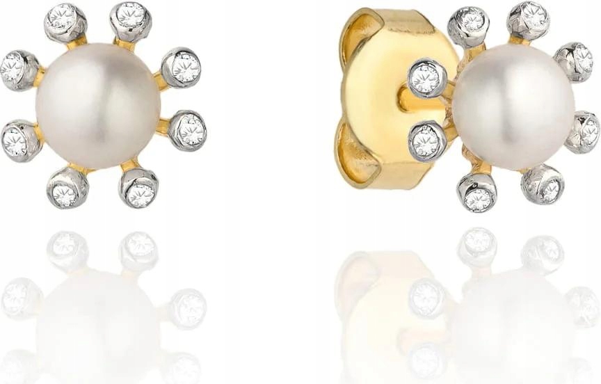 Náušnice zlaté 585 kytička z perly a světlých zirkonů na 14K tyčinky