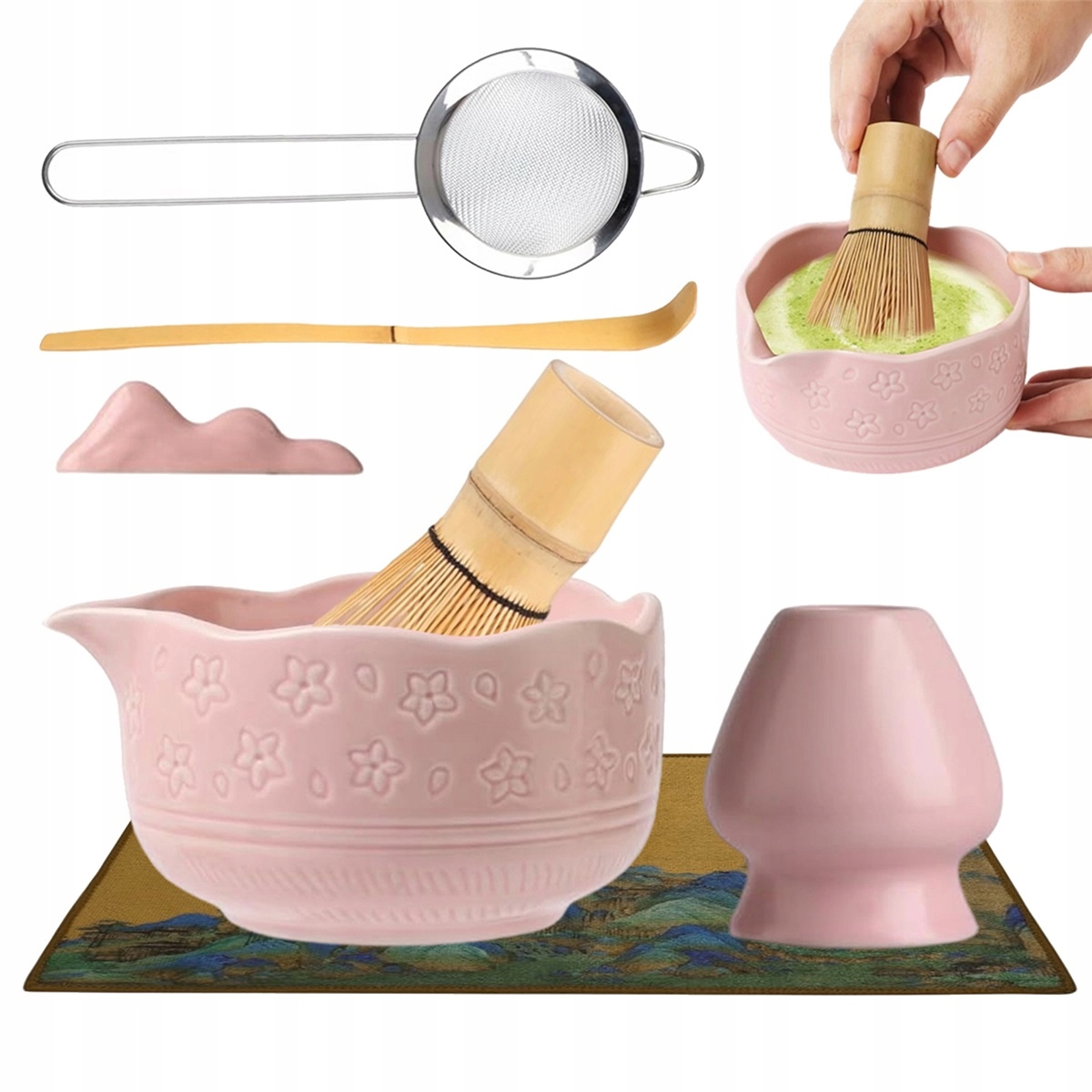 Levně Kompletní sada pro Matcha Růžová s bambusovou metličkou a keramickou miskou