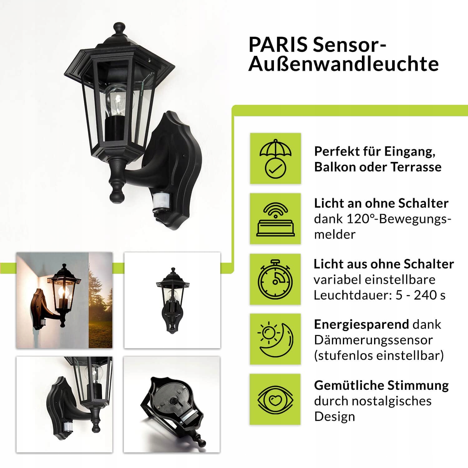 Lampa Zewnętrzna Z Czujnikiem Ruchu Czarna E27 IP44 Licht-Erlebnisse — miniatura 2