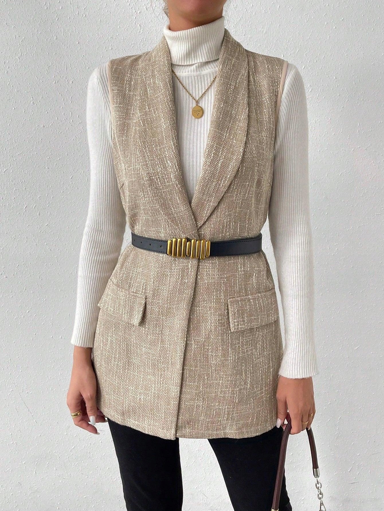 BEŻOWA DŁUGA KAMIZELKA NA GUZIKI DEKOLT V ELEGANCKA SHEIN 38 Wzór dominujący bez wzoru