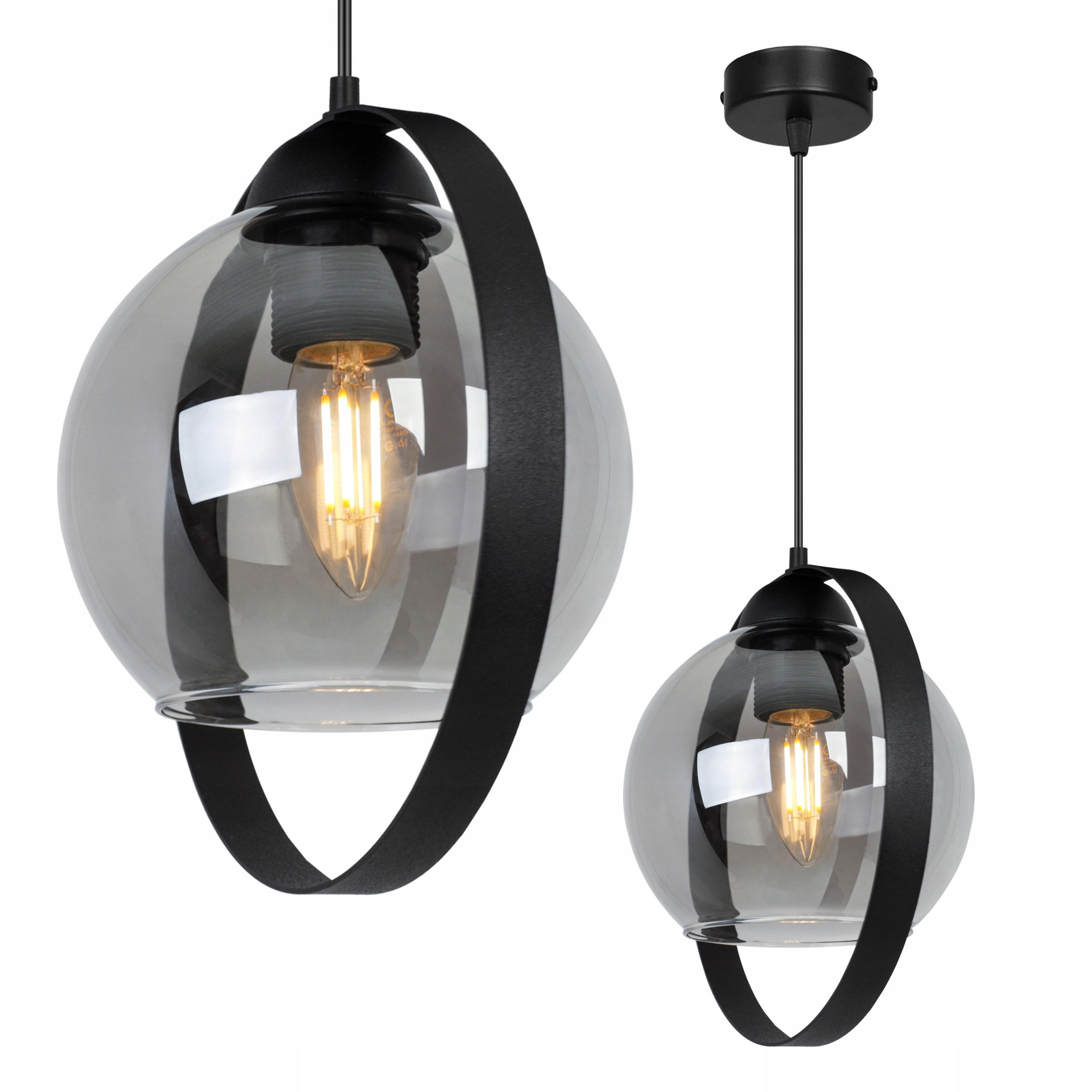 Černá lampa s ozdobným stínítkem z kouřového skla, černý obruč Haga Ring