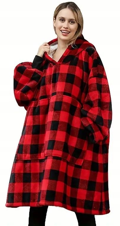 Teplá Mikinová Deka Mikina Červená Kostkovaná Mikina Župan S Kapucí A Rukávy