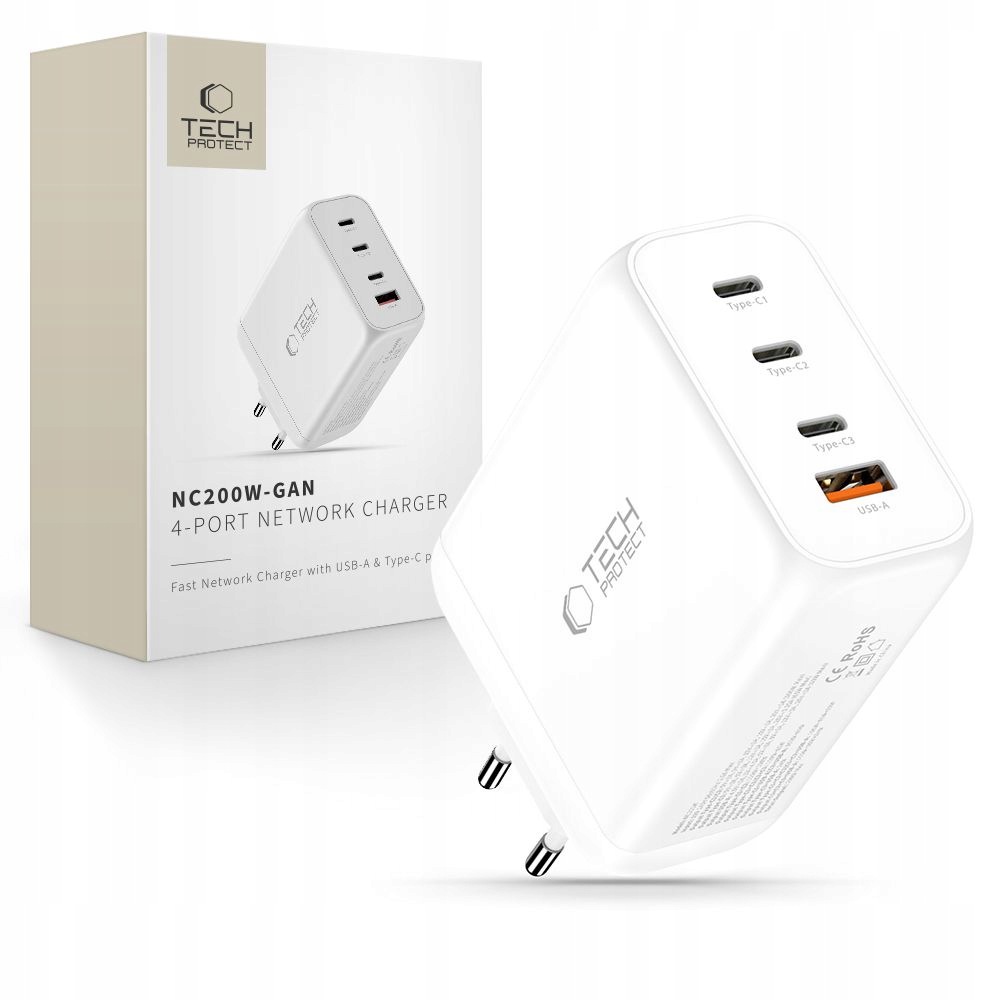Tech-protect NC200W-GAN 4-PORTOVÁ Síťová Nabíječka Pd 200W QC3.0 Bílá