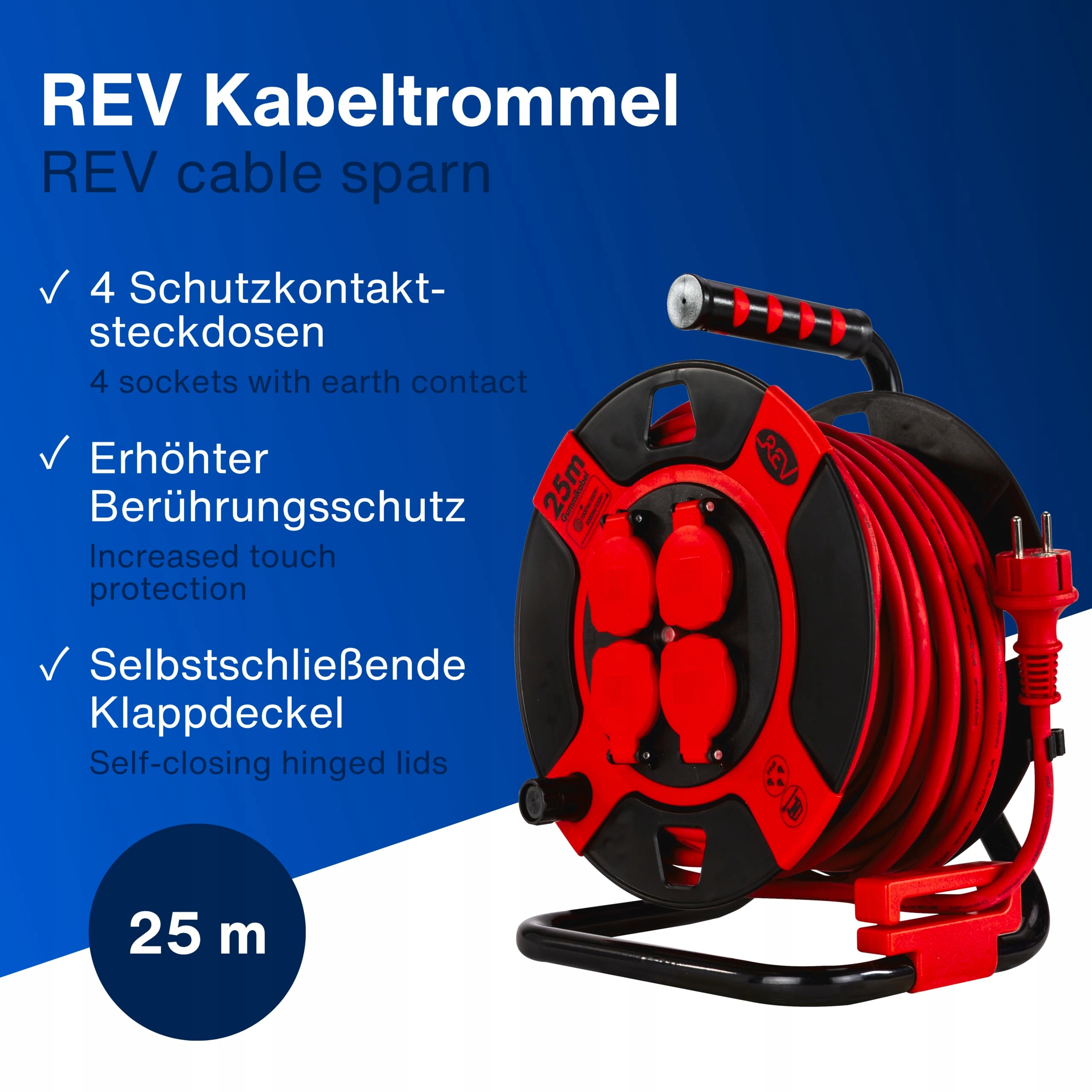 REV Kabel Bębnowy 25m Przedłużacz Zewnętrzny 4 Gniazda Czerwony — miniatura 2
