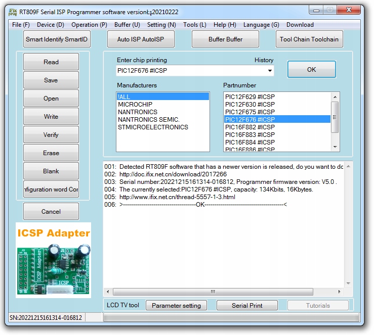 Adapter ICSP PIC MCU dla programatora RT809F Rodzaj programator uniwersalny