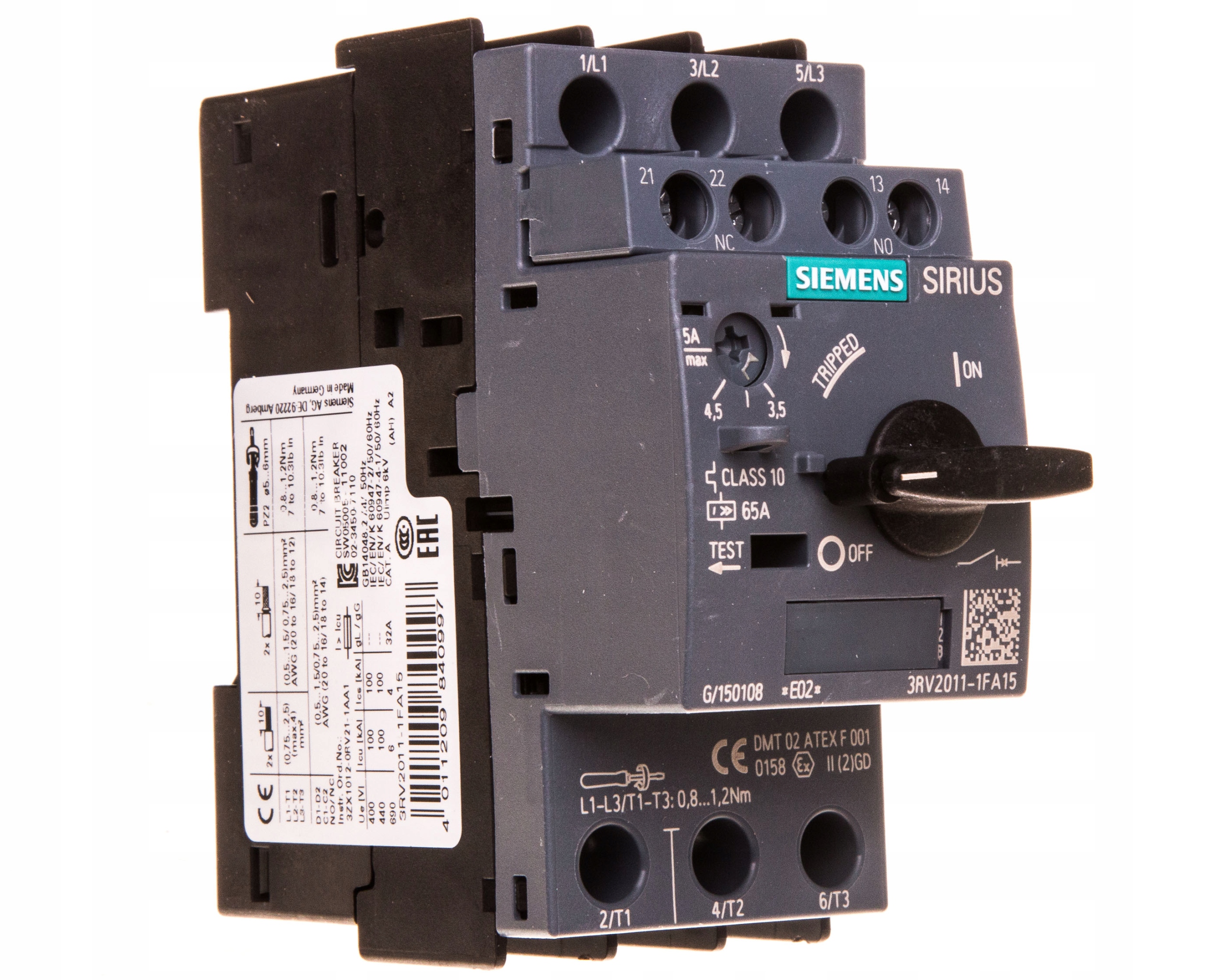 Siemens 3RV2011-1FA15 motorový vypínač 3,5–5A S00 1NO+1NC