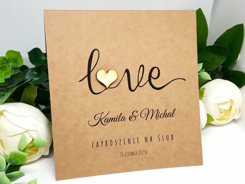 ZS15 *3 E Zaproszenie ślubne z drewnianym sercem pełna personalizacja Ślub Szerokość produktu 14.5 cm