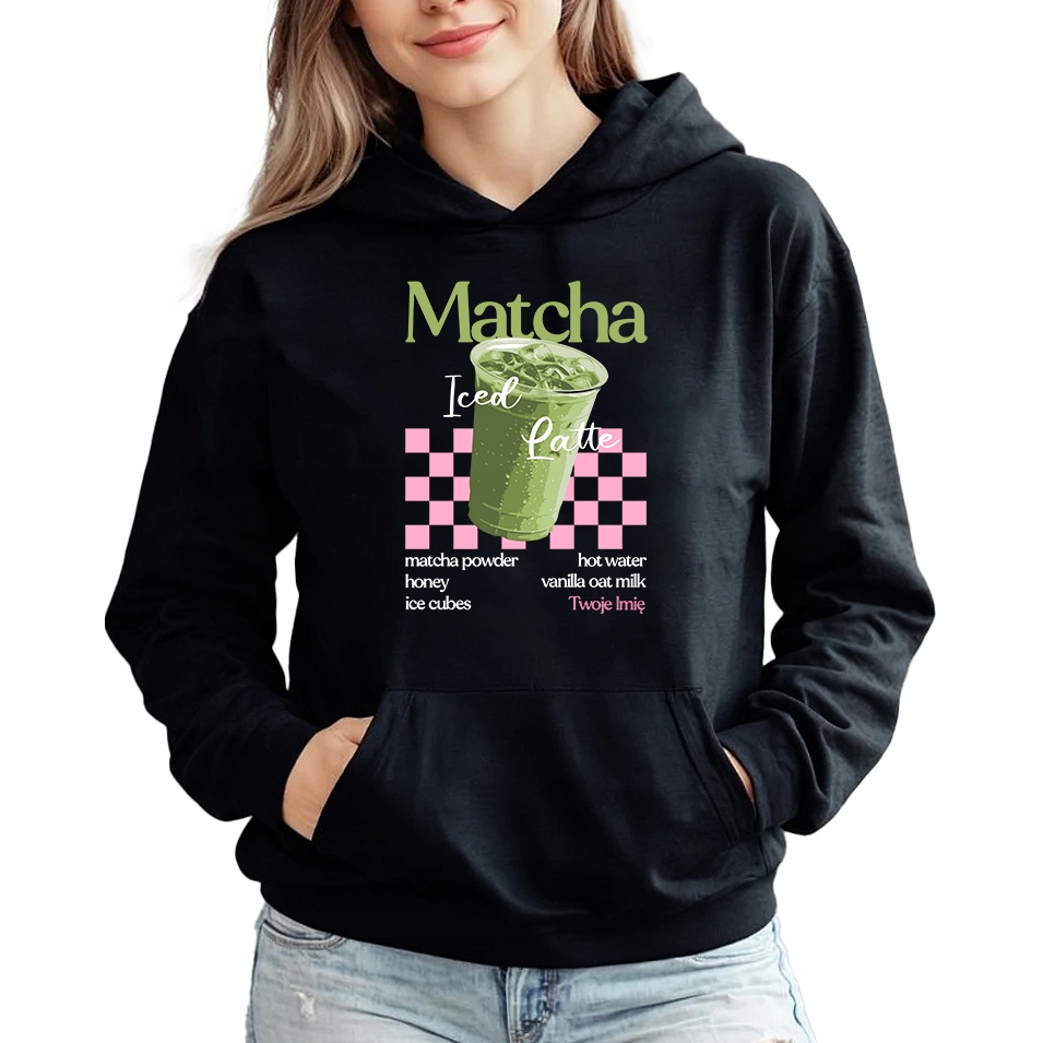 Mikina Hoodie černá pro milovnici Matchy Matcha Iced Latte Jméno M