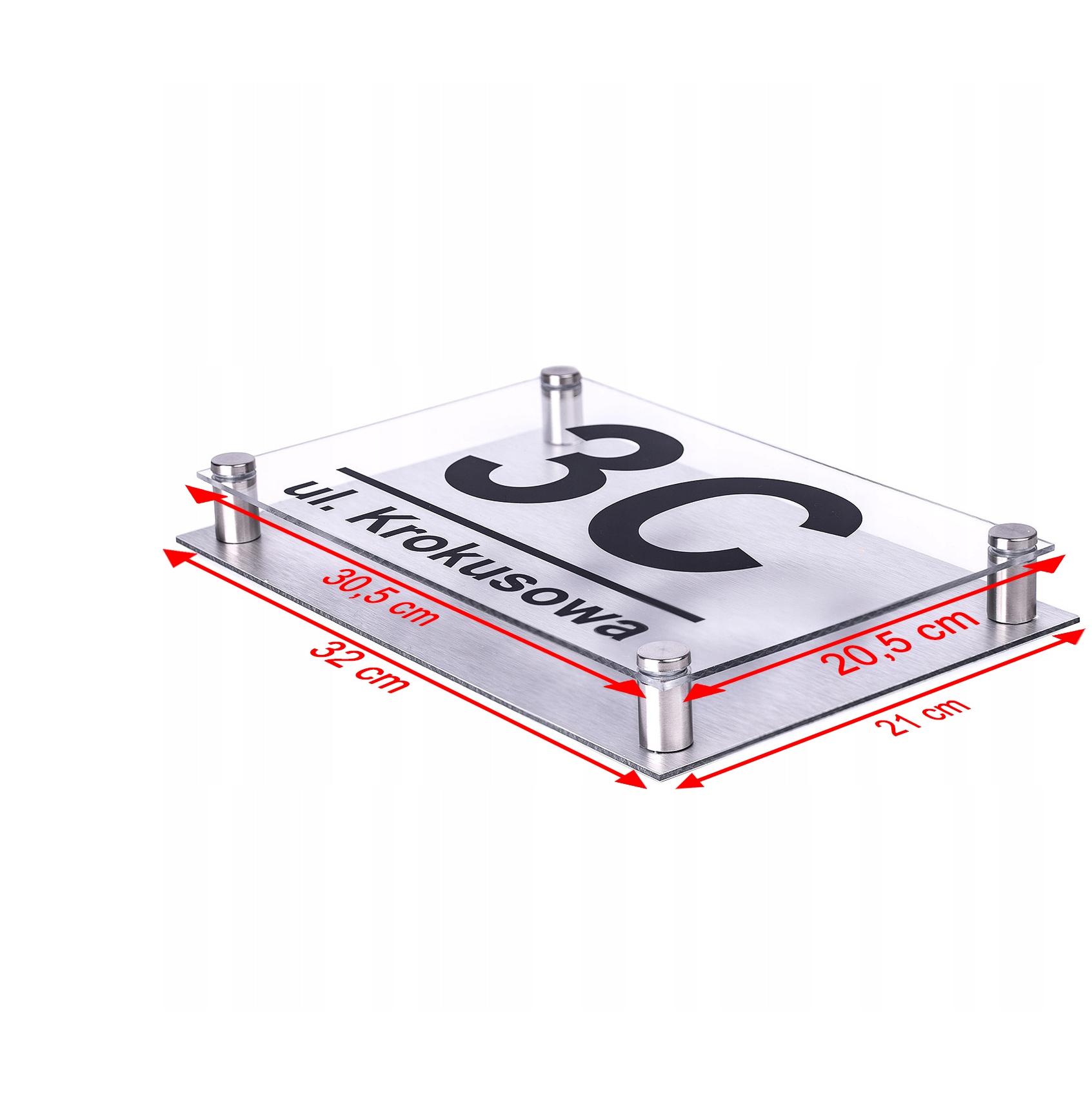 TABLICZKA Z NUMEREM DOMU | ADRESOWA | PLEKSA i ALUMINIUM + DYSTANSE i KOŁKI Szerokość produktu 32 cm