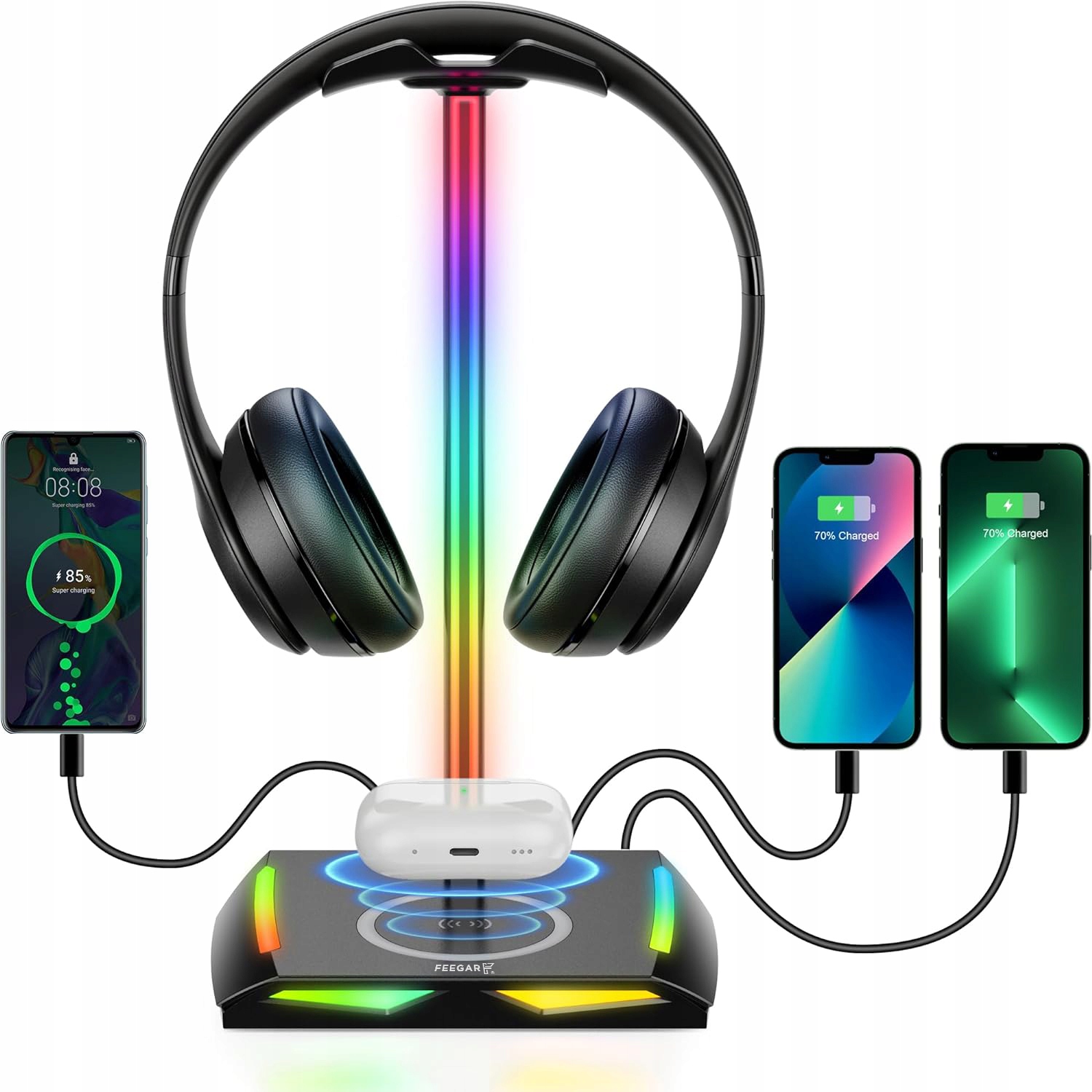 Feegar Hold Stojan Na Slúchadlá Rgb podsvietenie Hub 3x Usb Typ-C Indukcia