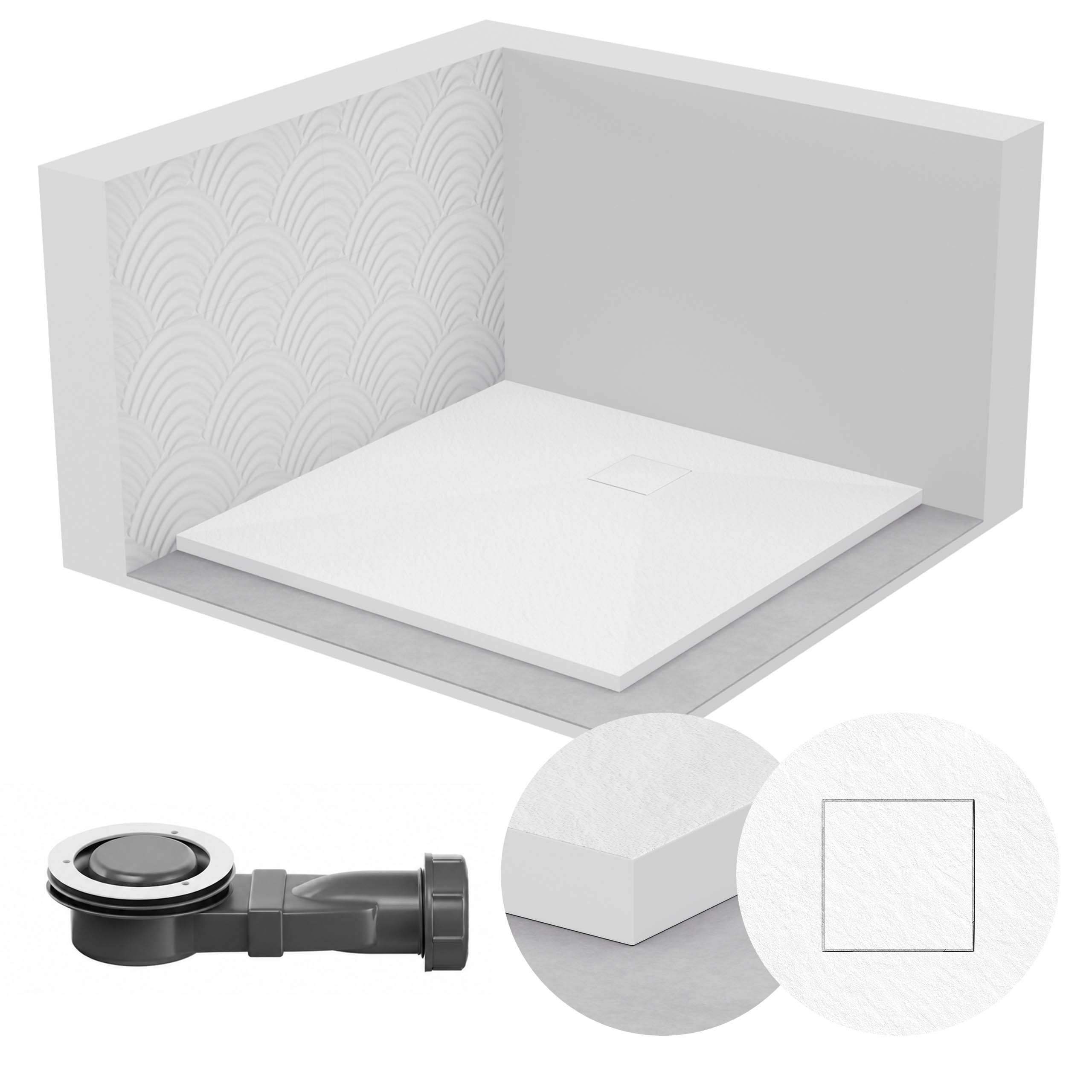 Čtvercová Sprchová Vanička 80x80 Kamenný Vzor 2,6 CM Bílá Sifon