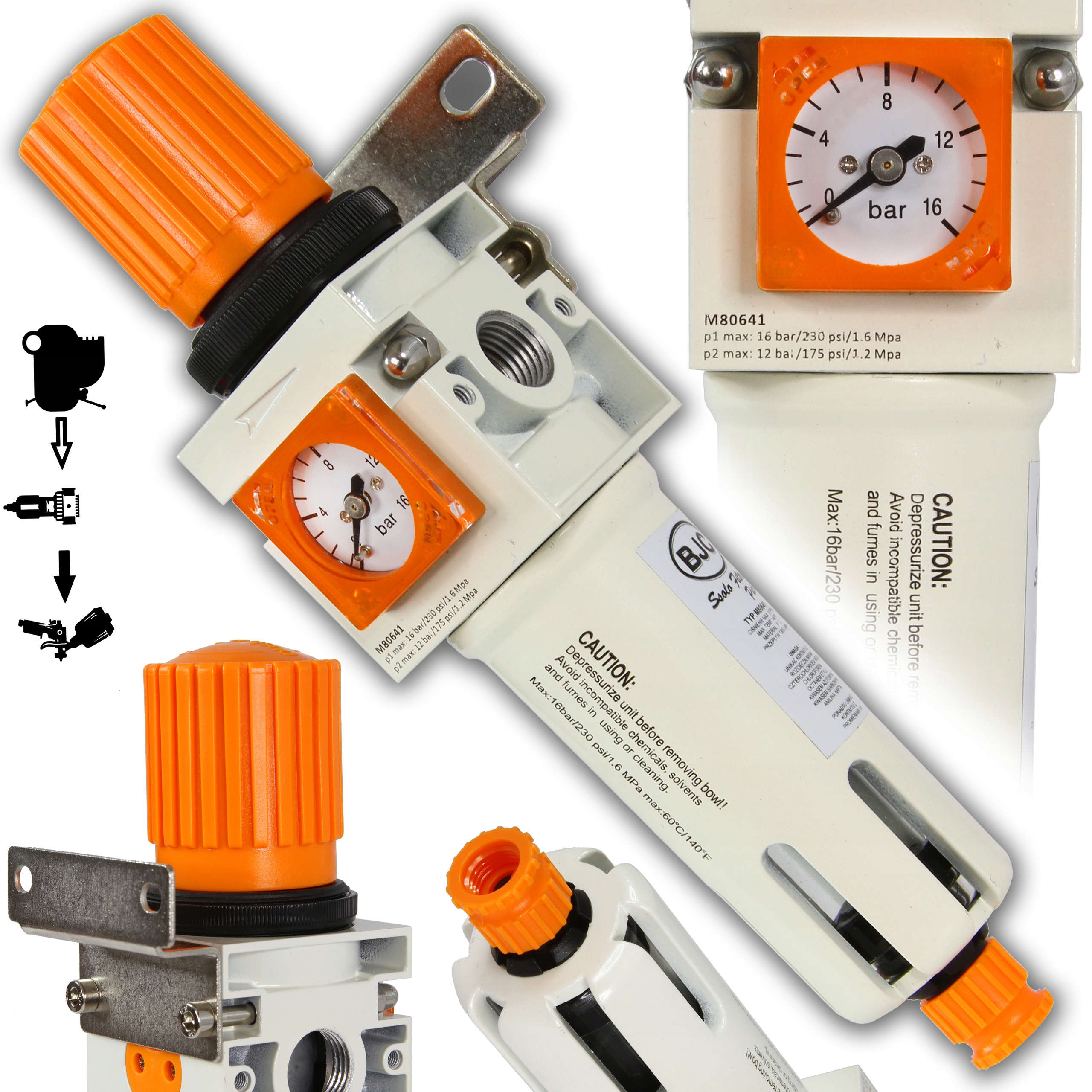 Reduktor Ciśnienia Filtr Powietrza Odwadniacz Regulator 1/4" 15BAR Manometr