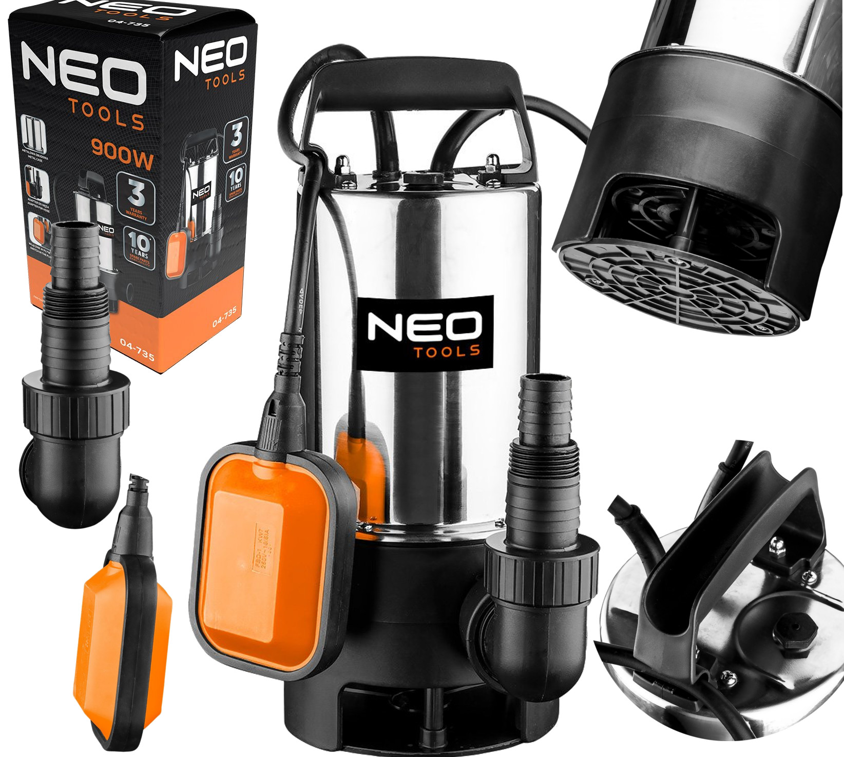 Neo Ponorná Pumpa Na Špinavú Vodu 900 W 17000 L/h Inox Nerezová Oceľ