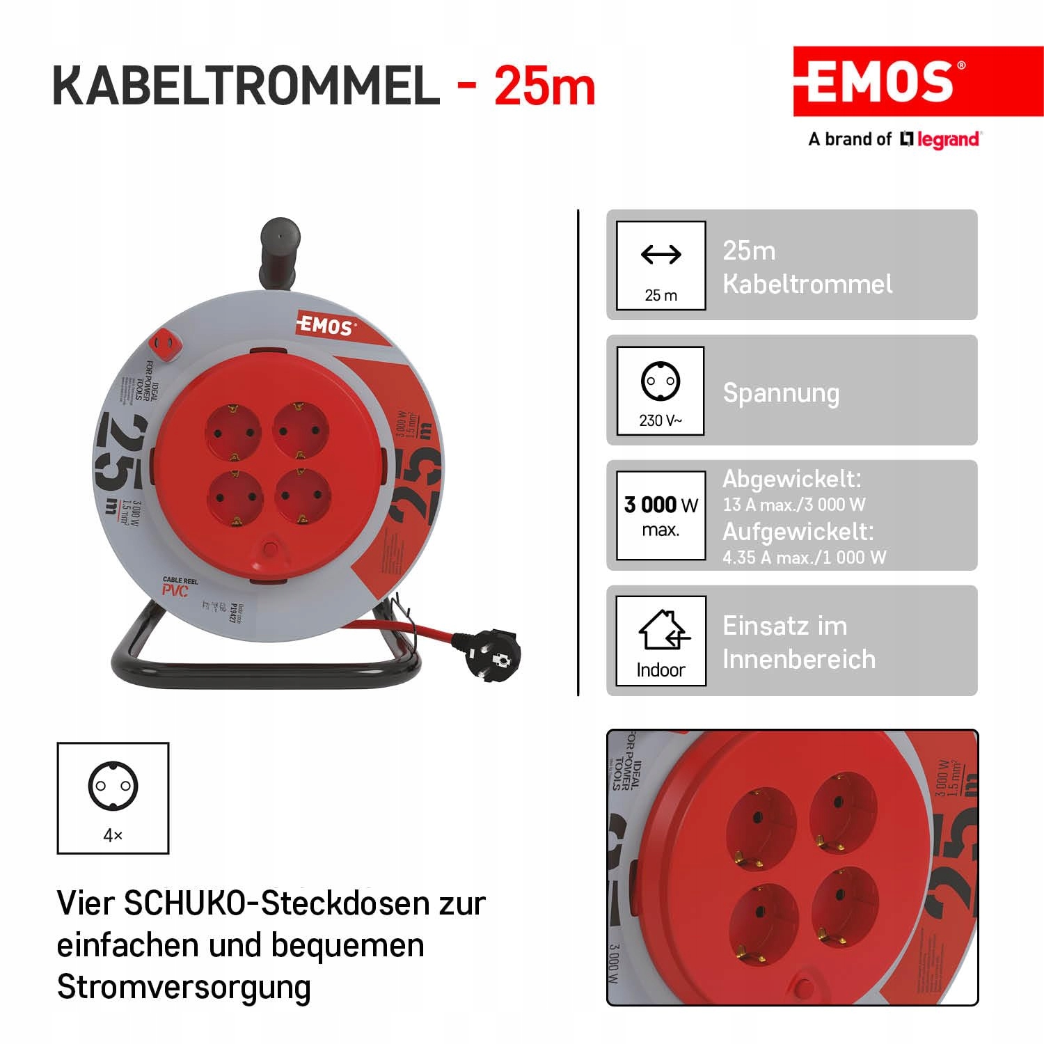 EMOS Kabel Bębnowy 25m 4 Gniazda Schuko 230V 3000W Ochrona Przegrzaniem — miniatura 2