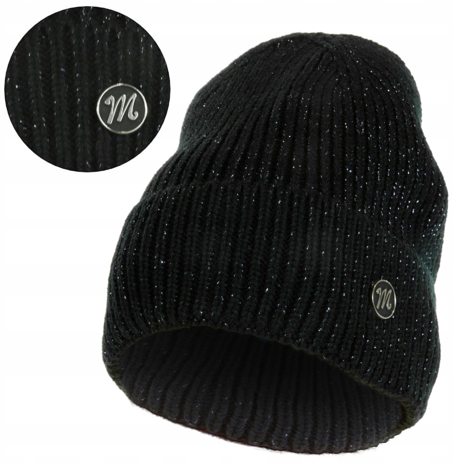 Czapka damska typu beanie Czarna Modna z Ozdobną Nicią Prążkowana MORAJ