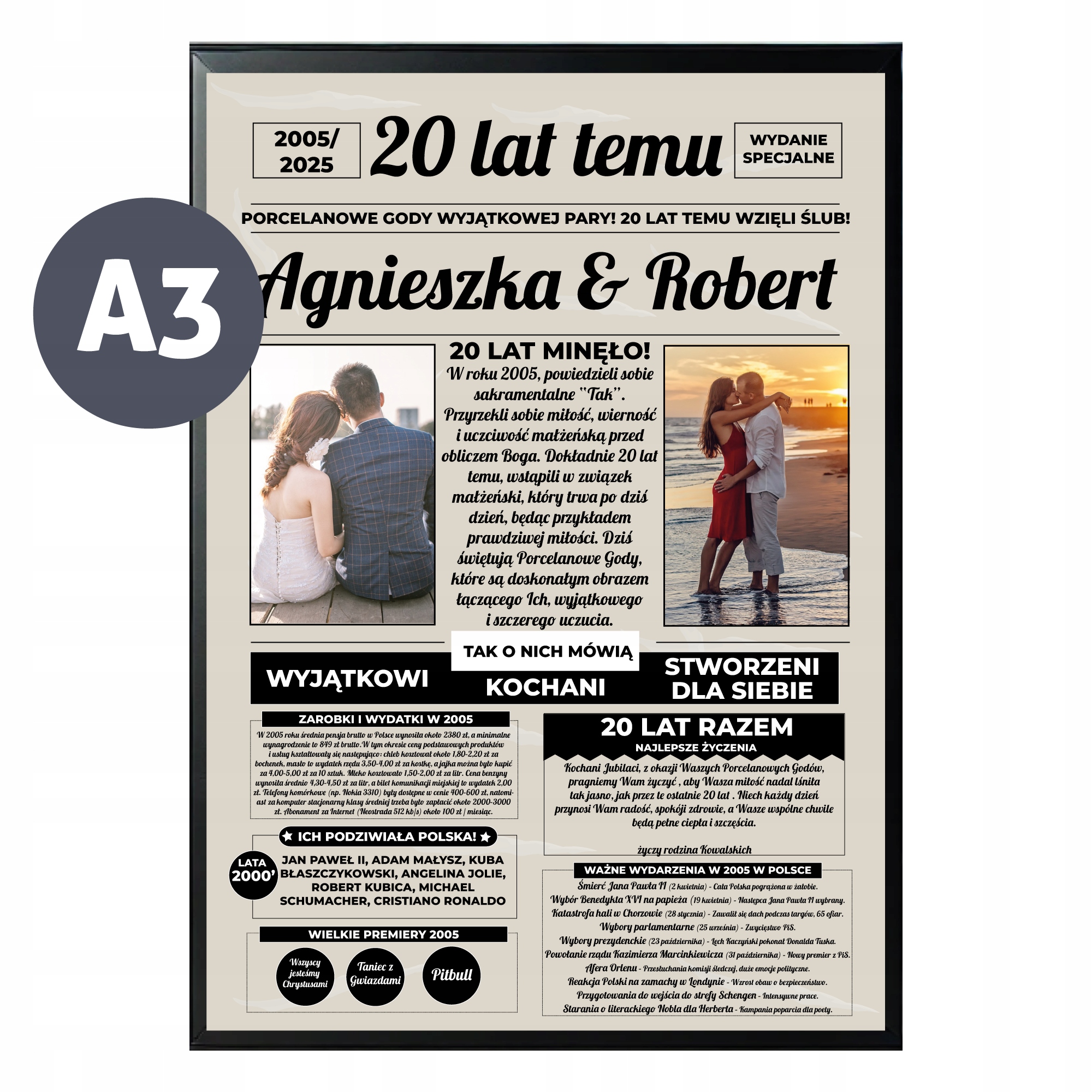 20 Lat Temu Plakat Personalizowany Rocznica Ślubu Porcelanowa Ramka A3