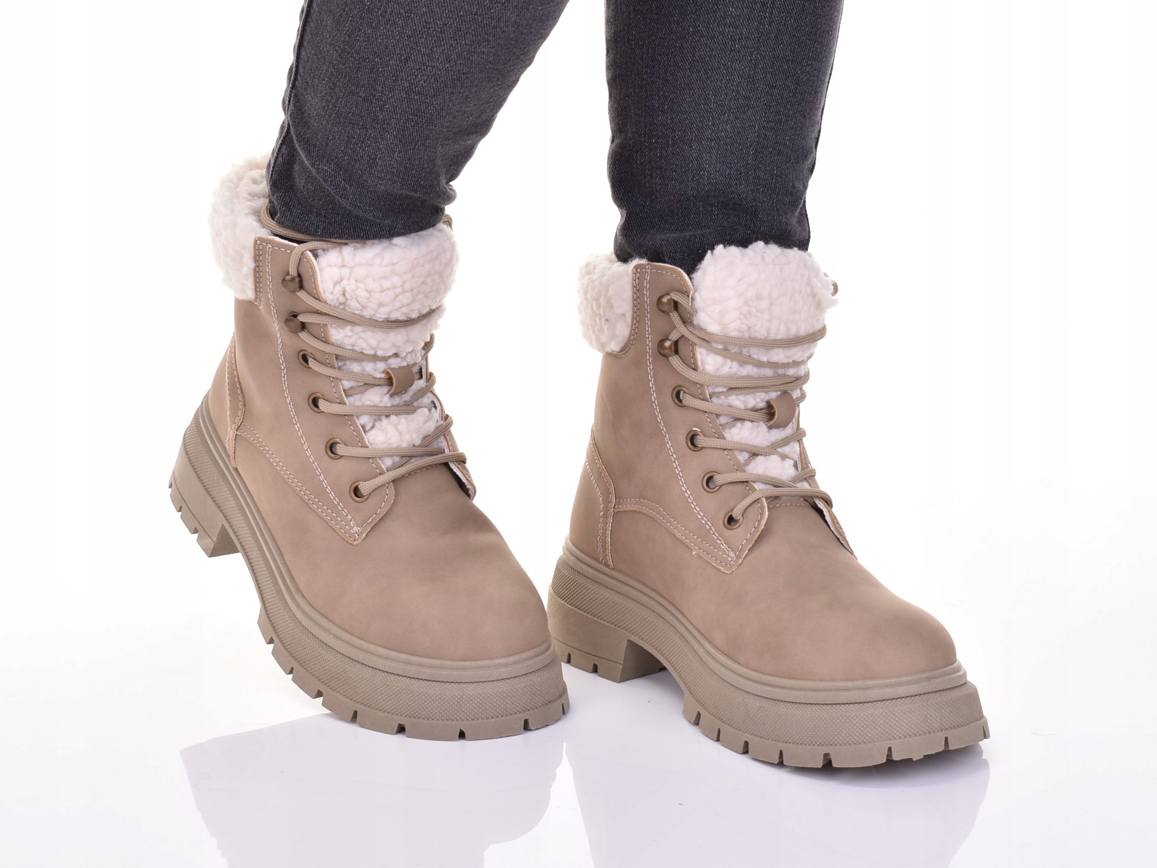 DAMSKIE BOTKI ZIMOWE TRAPERY BUTY OCIEPLONE BRĄZOWE SKÓRZANE Rozmiar 38