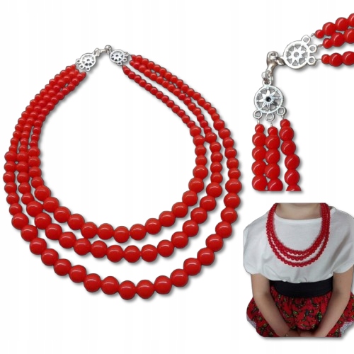 KORALE góralskie POTRÓJNE czerwone FOLK Koło Gospodyń Wiejskich 45cm