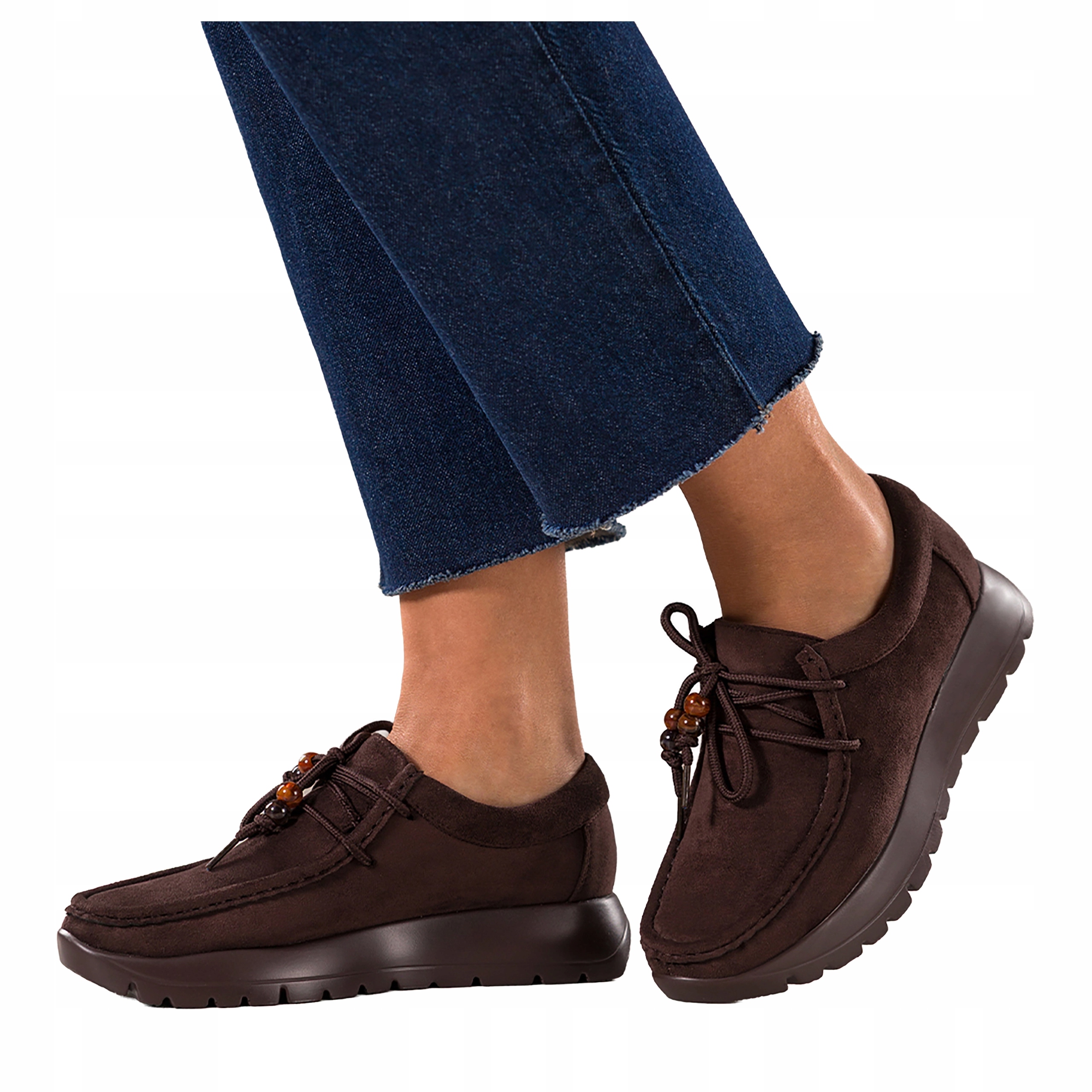 Dámské čokoládové Šněrovací Polobotky na platformě, ozdobné korálky, velikost 39