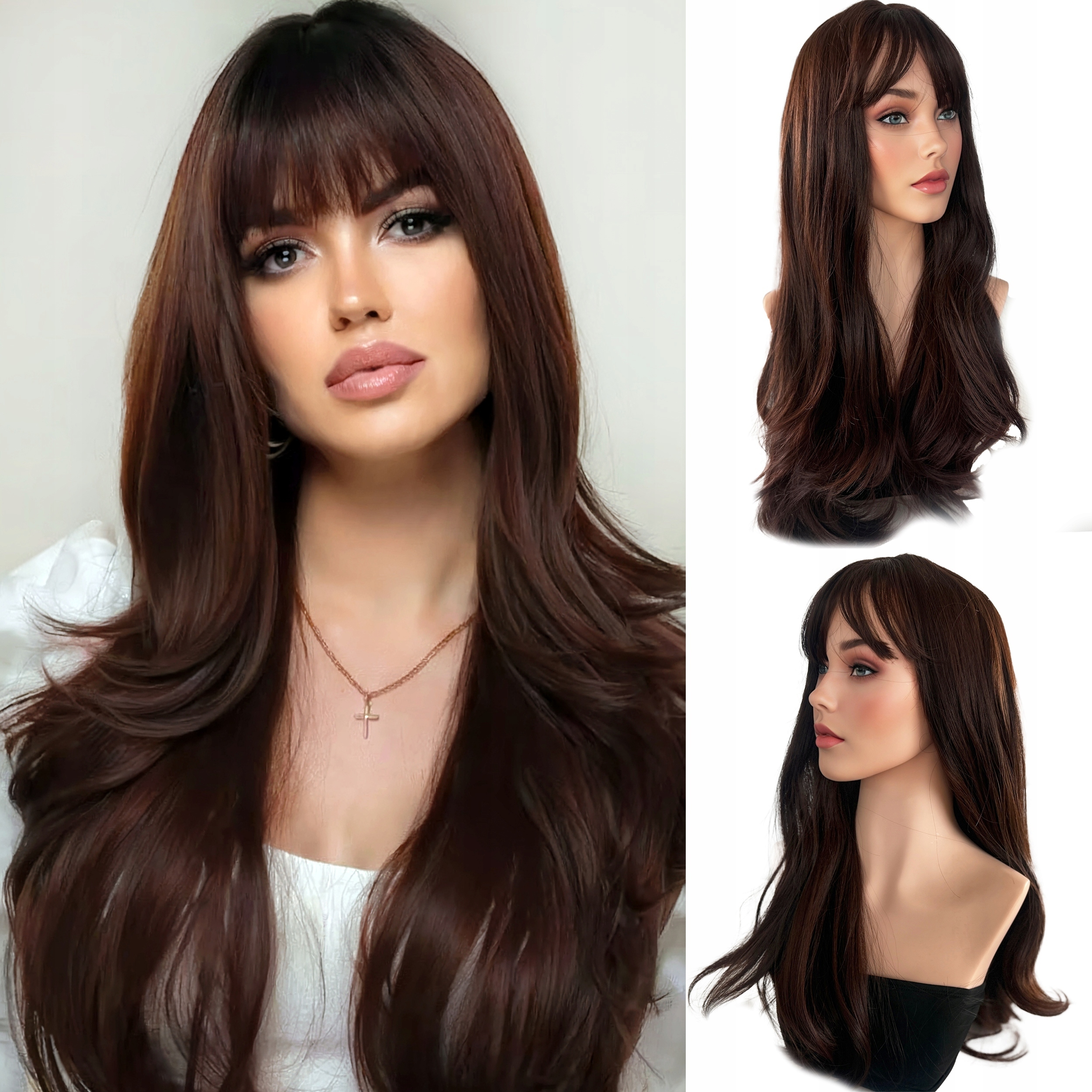 Syntetická paruka Umělé vlasy Hnědá Lehké Vlny s Hřívou Dlouhá 55 cm