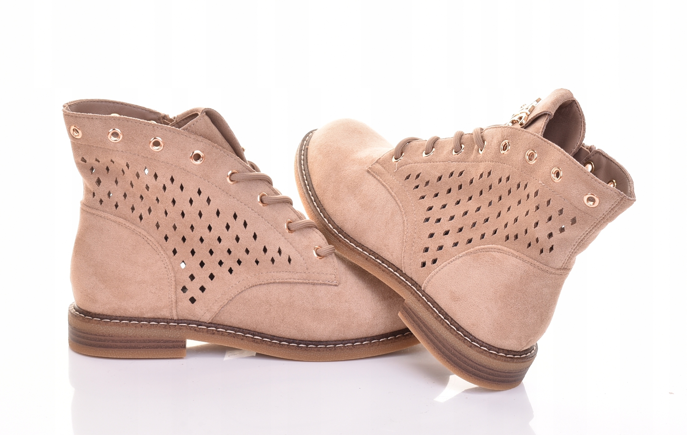 Dámské Kotníkové Boty Semišové Ažurové Klasické Ploché Podpatky Pohodlné Béžové