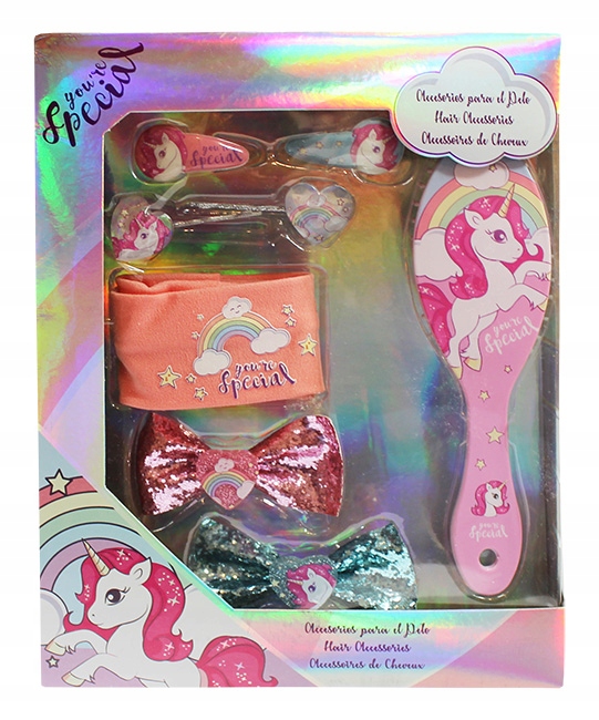 JEDNOROŻEC ZESTAW DLA DZIEWCZYNKI OPASKA DO WŁOSÓW SZCZOTKA SPINKI PREZENT
