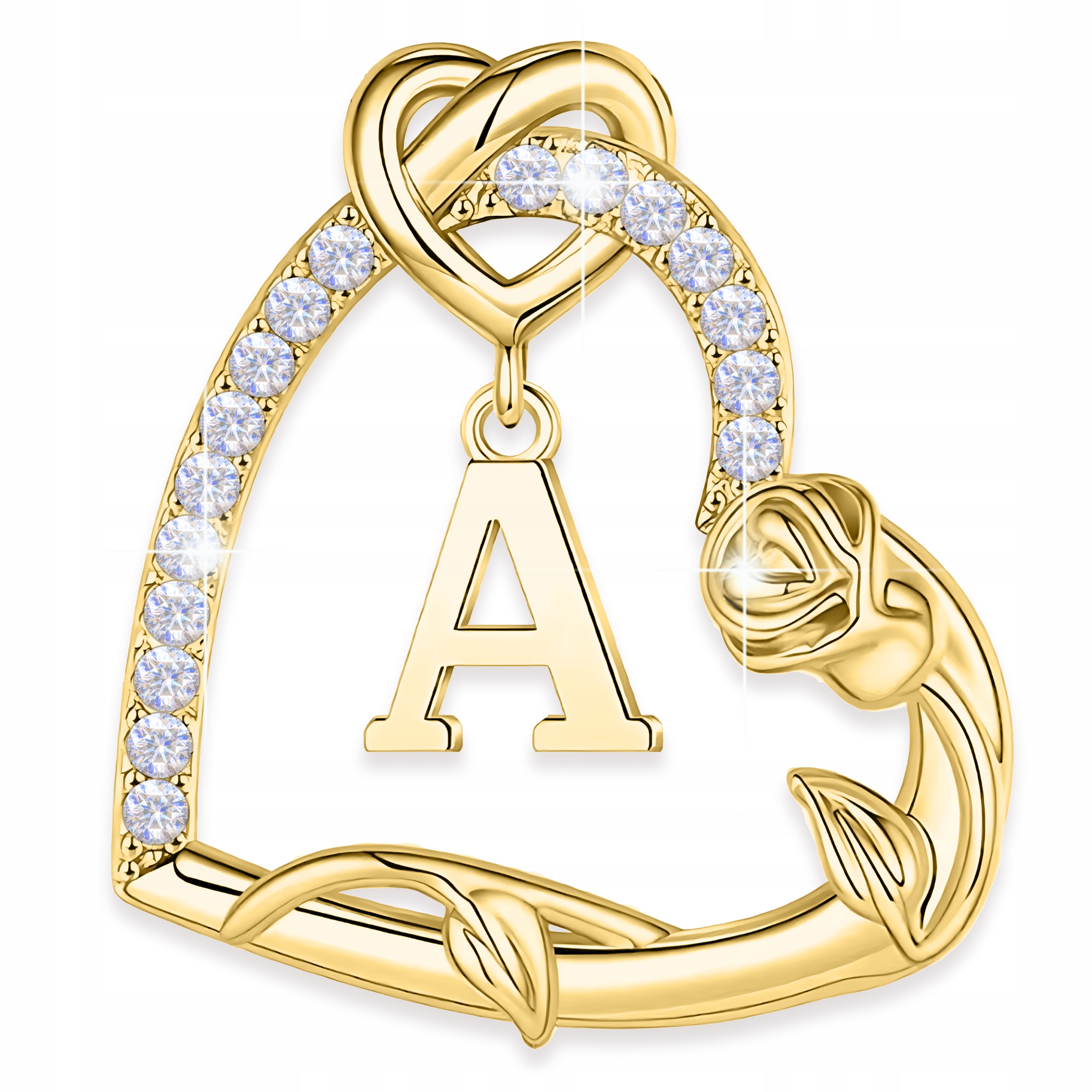 Zlatý přívěsek 925 Srdce s písmenem A Květ Růže v Srdci Iniciál