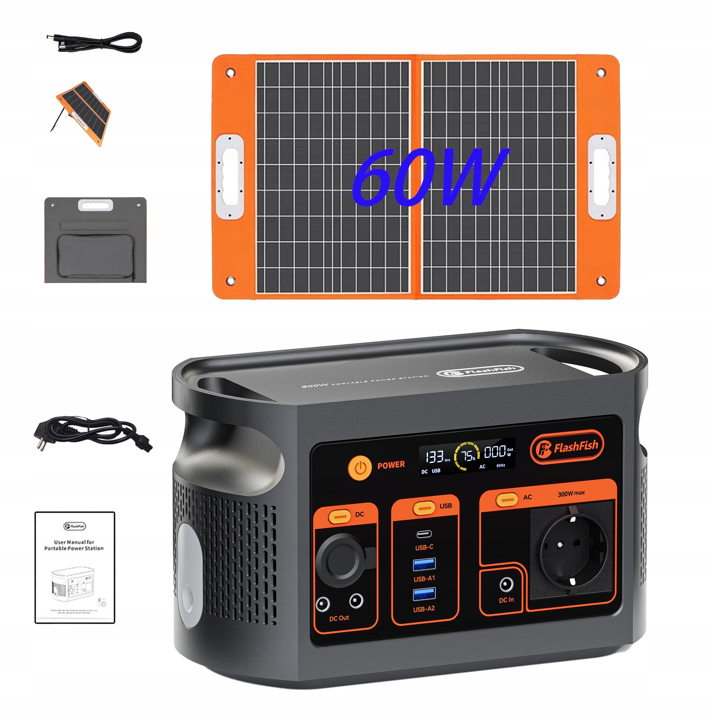 Kempingový napájecí zdroj Flashfish E103 300W 179Wh solární panel Flashfish 60W
