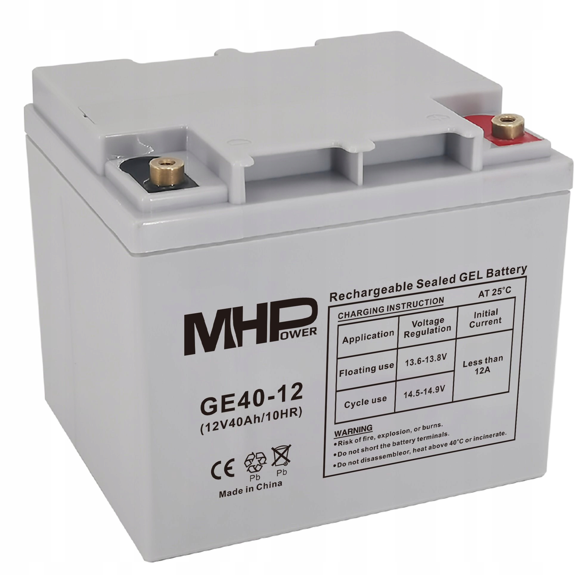 MHPower GE40-12 Gelový akumulátor 12V/40Ah, Terminál T1 M6, Deep Cycle
