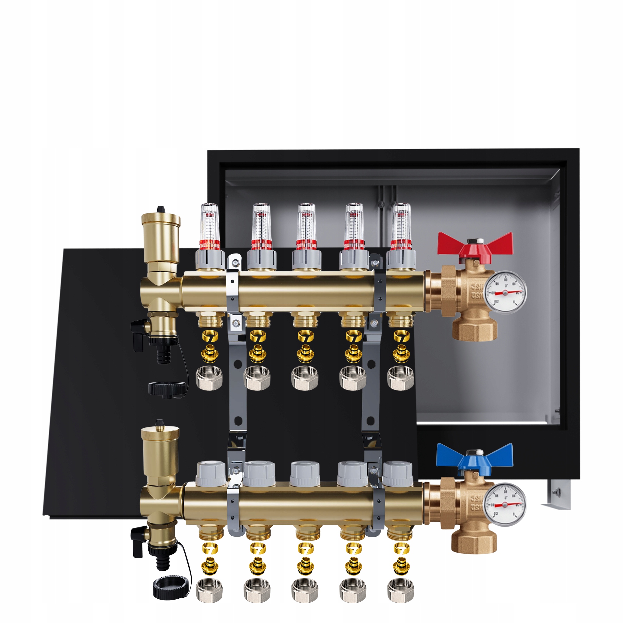 Rozdělovač podlahy 5 okruhů úhlové ventily teploměry krabička Pex