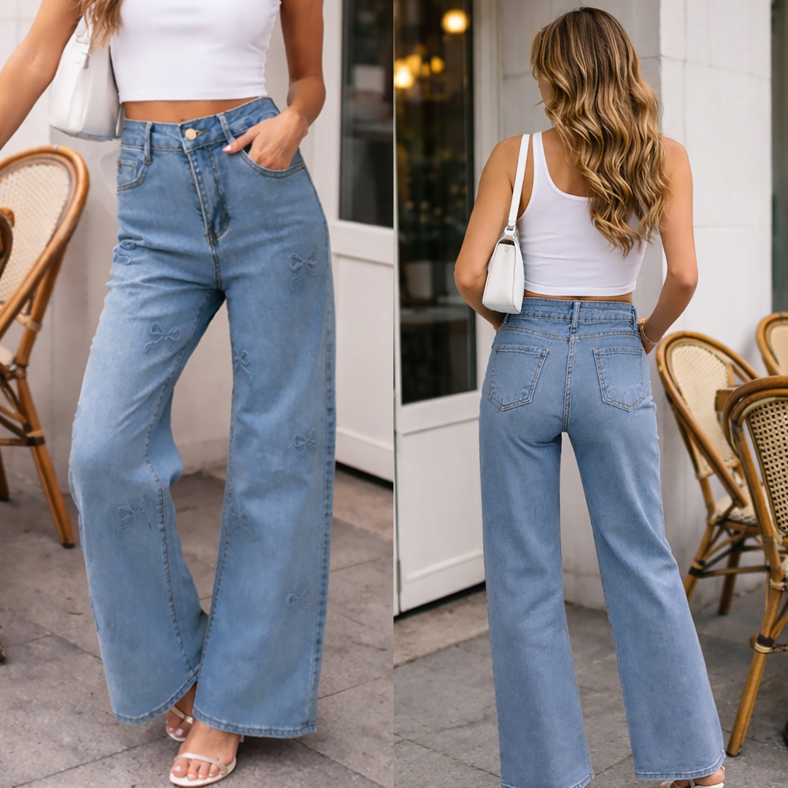 Jeansy Damskie Spodnie Wide Leg Szerokie Wysoki Stan Kokardy Niebieskie M