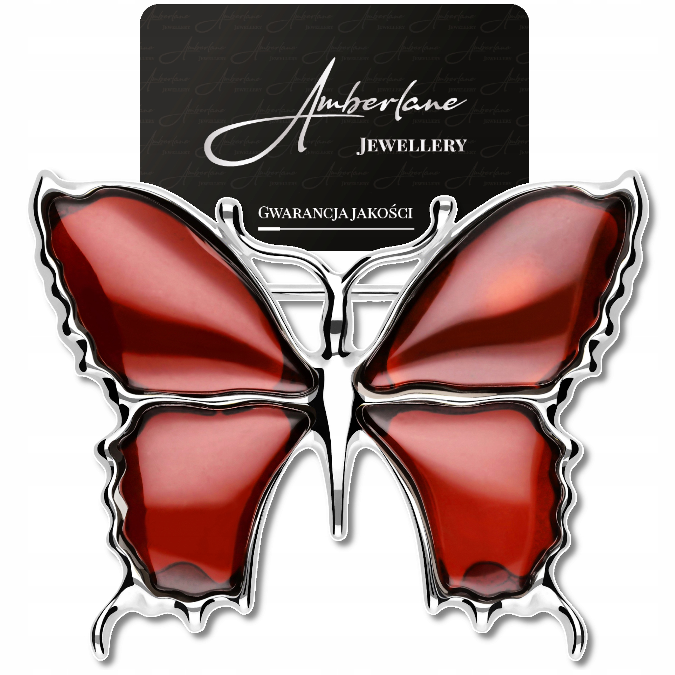 Stříbrná Brož Motýl s jantarem v barvě tmavé třešně *stříbro 925*
