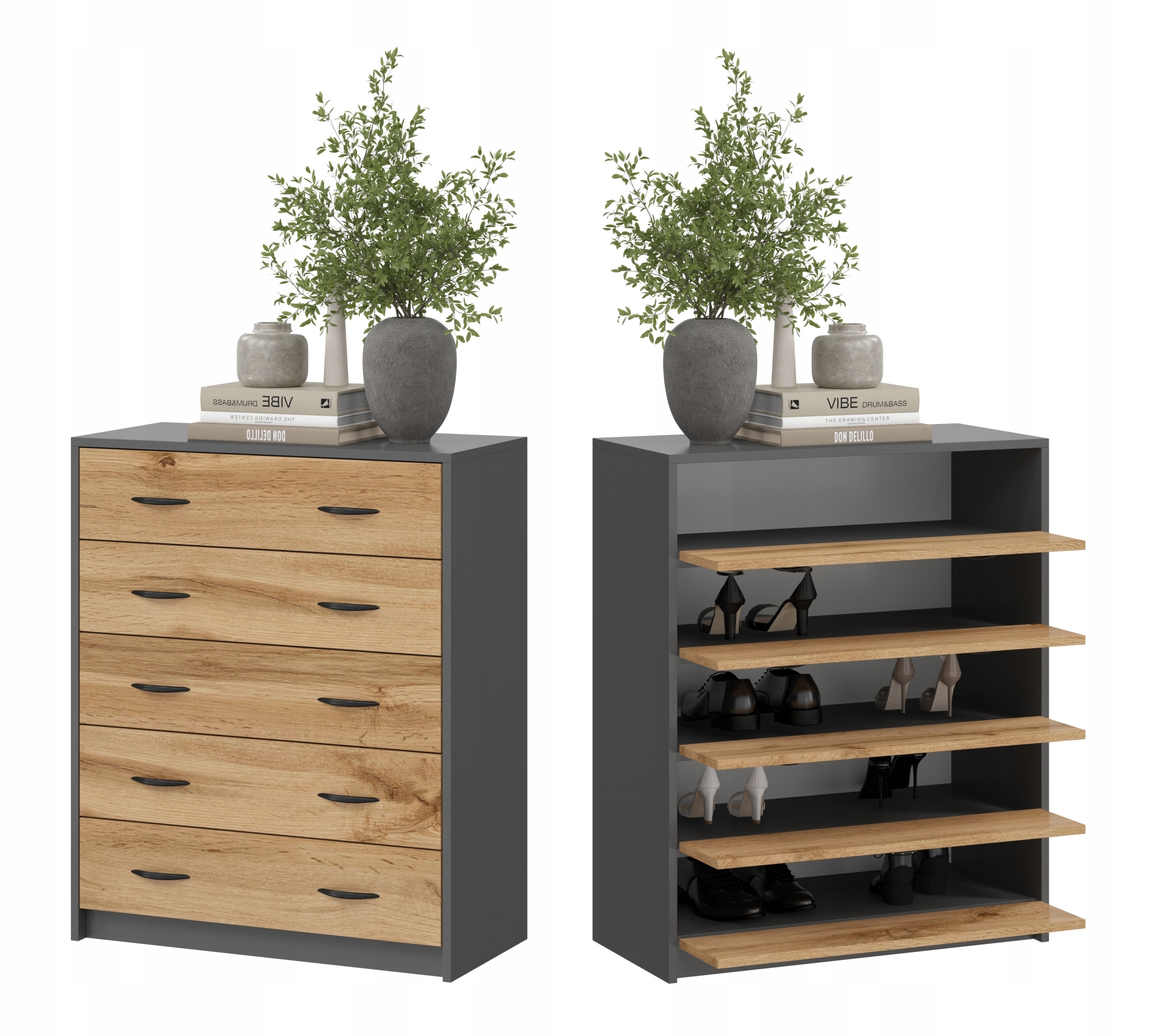 SZAFKA NA BUTY,KOMODA 5K GRAFIT DĄB WOTAN Kod producenta SZAFKA KOMODA BUTY