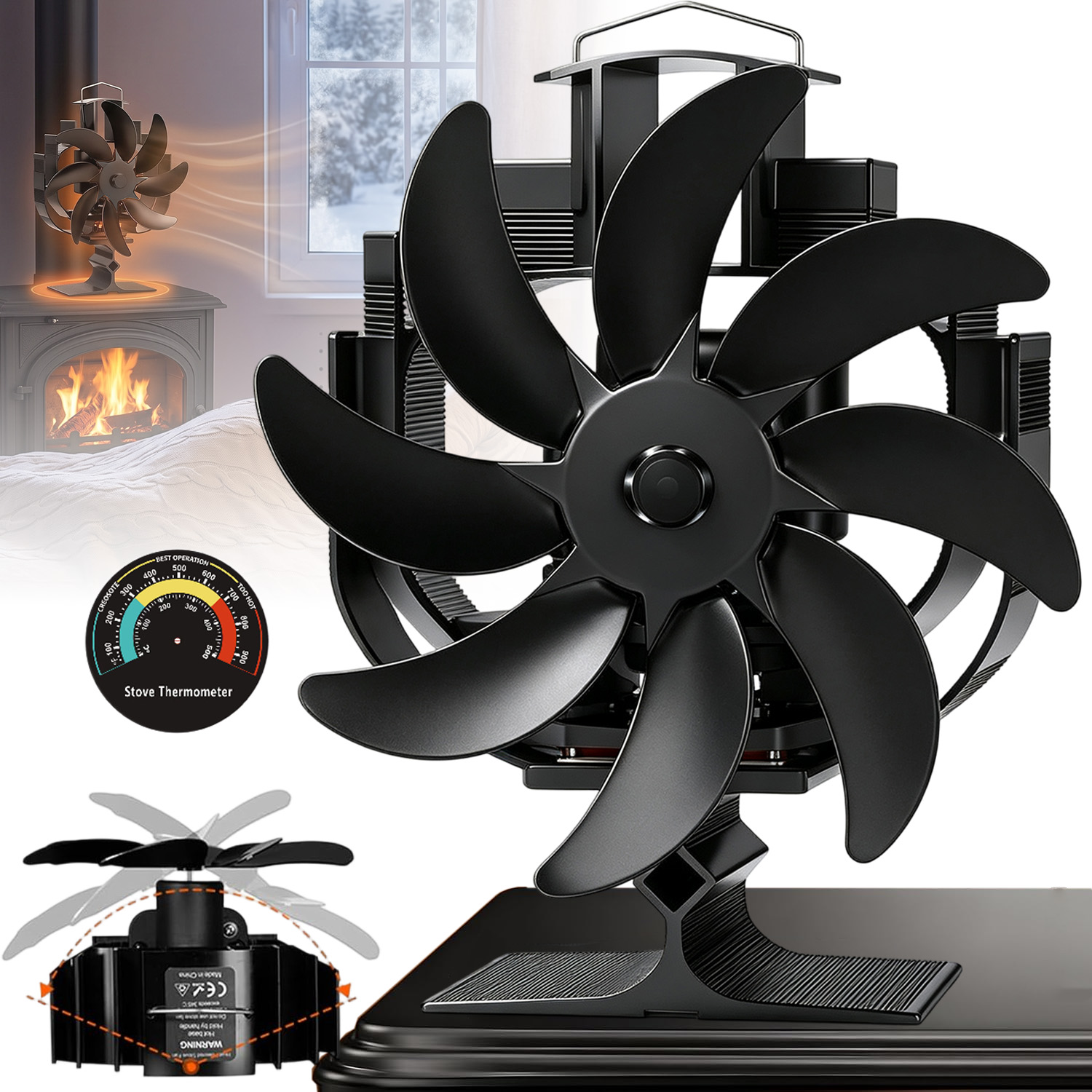 Termoelektrický Krbový Ventilátor Napájený Teplem, 8-ČEPELOVÝ