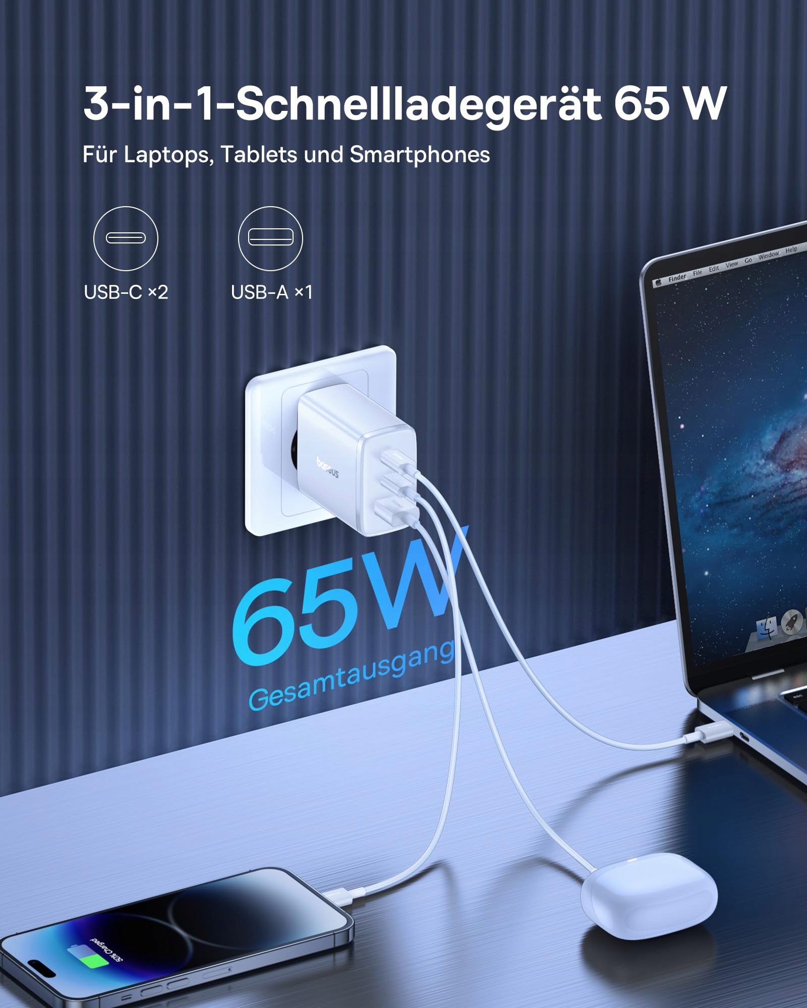 BASEUS Ładowarka USB C 65W 3-Port PD GaN Szybkie Ładowanie MacBook — miniatura 2