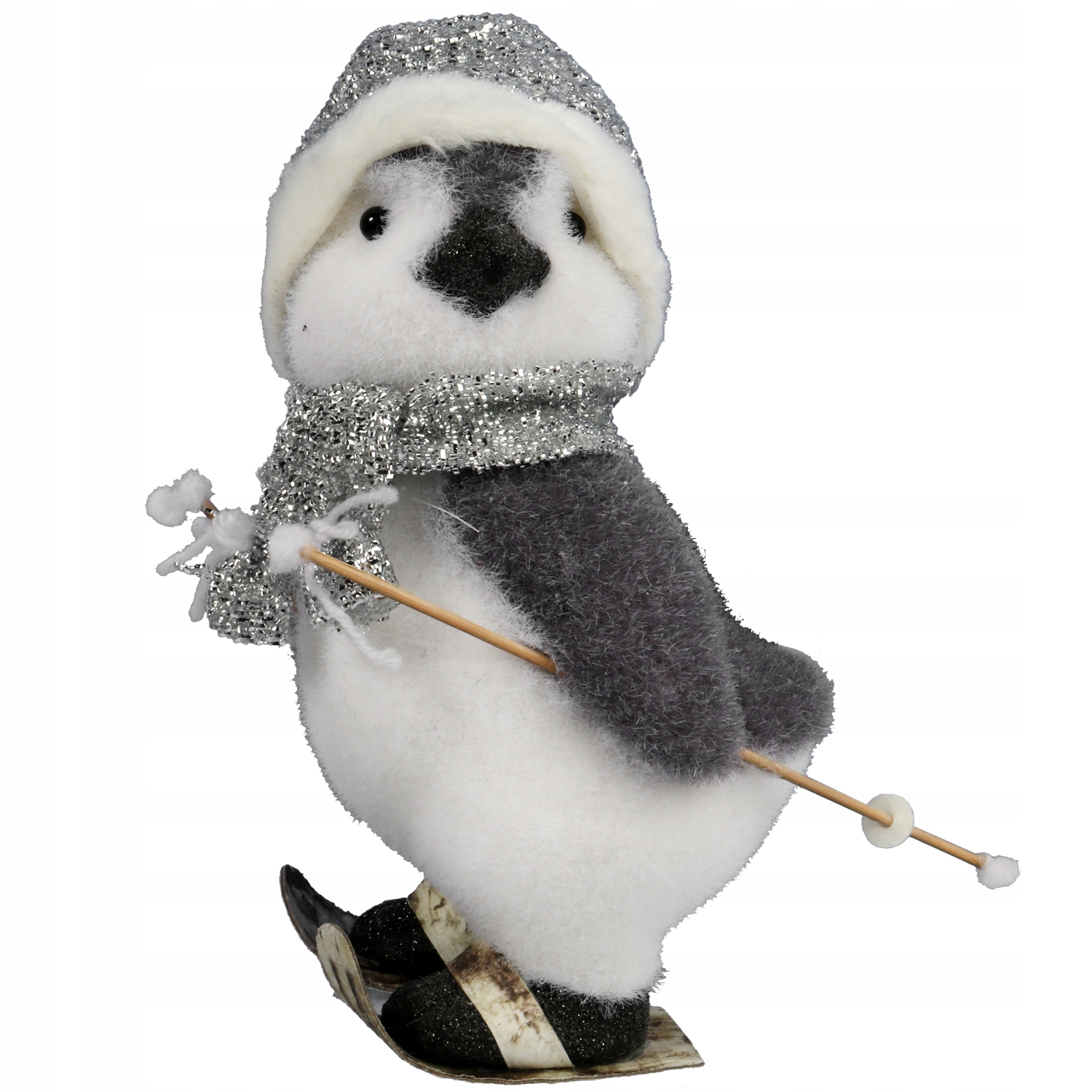 DEKORACJA ŚWIĄTECZNA PINGWIN NA NARTACH szary 28cm