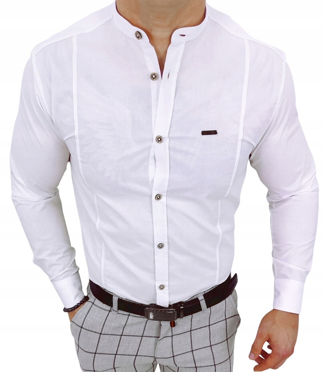 Biala koszula meska ze stojka slim fit stylovy 207 M