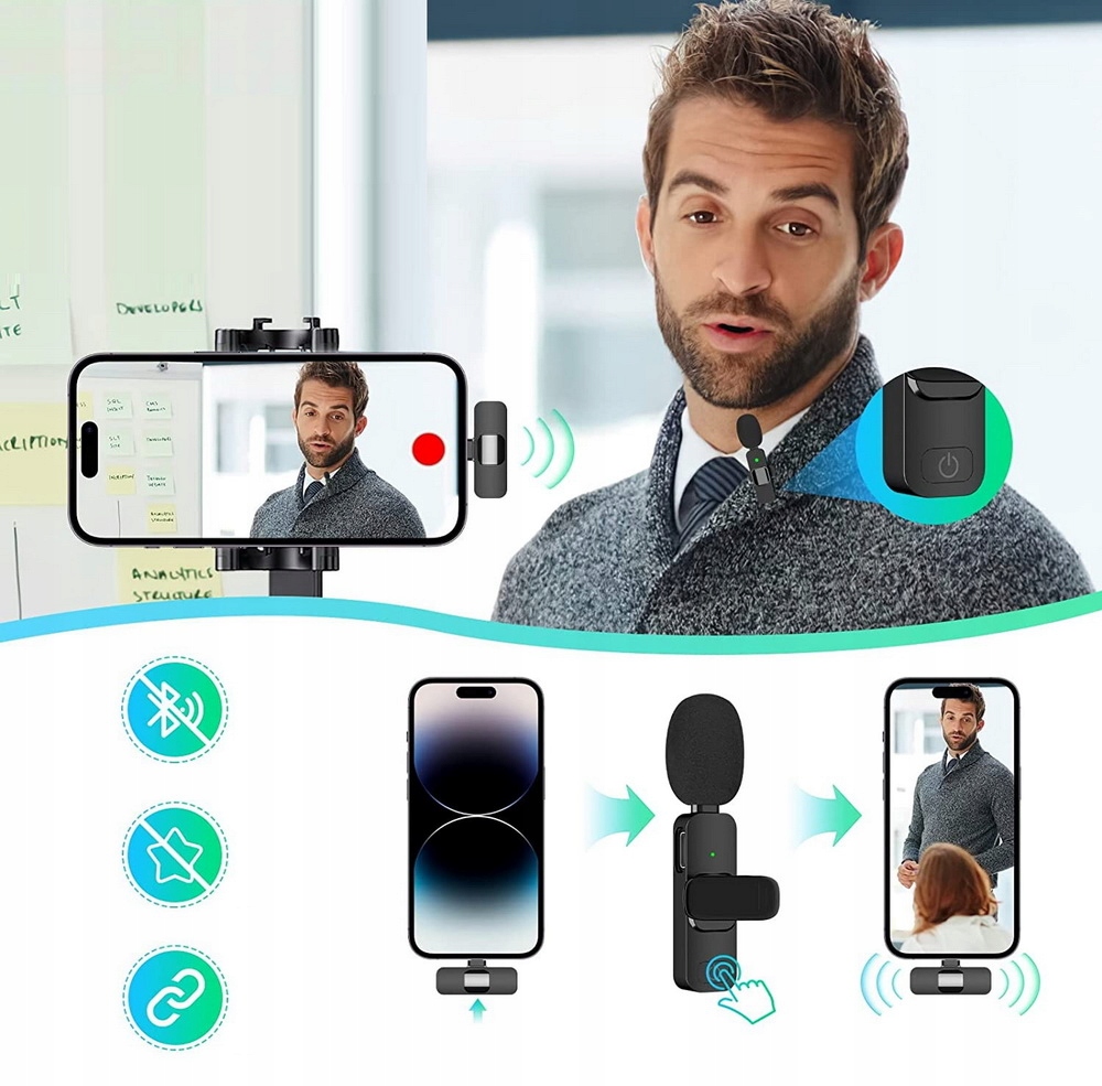 2x Mikrofon bezprzewodowy krawatowy do Lightning iPhone Vlog Podcast Model 2x Wireless Microphone Lightning