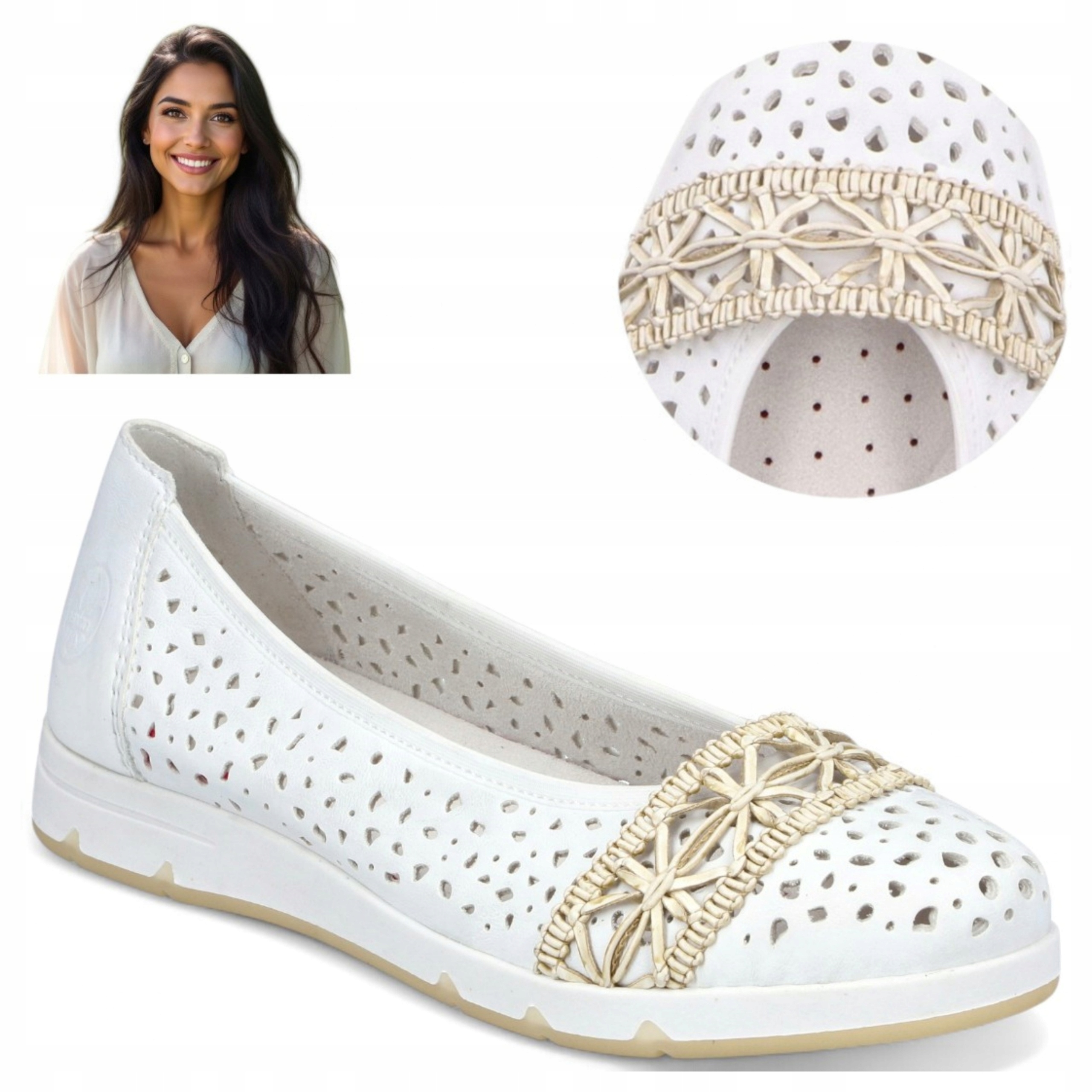 Rieker Dámské baleríny 40 Prodyšné Jarní Balerínky Letní Módní Bílé