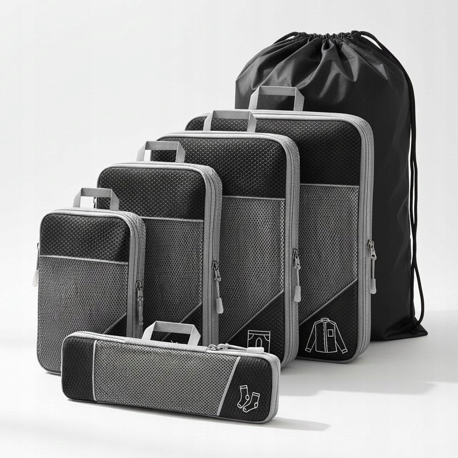 Zestaw 6 szt etui podróżne kompresyjne organizer do bagażu czarny