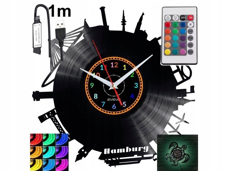 Hamburg Nástěnné Rgb Led podsvícené hodiny na dálkové ovládání Vinylová deska Moderně